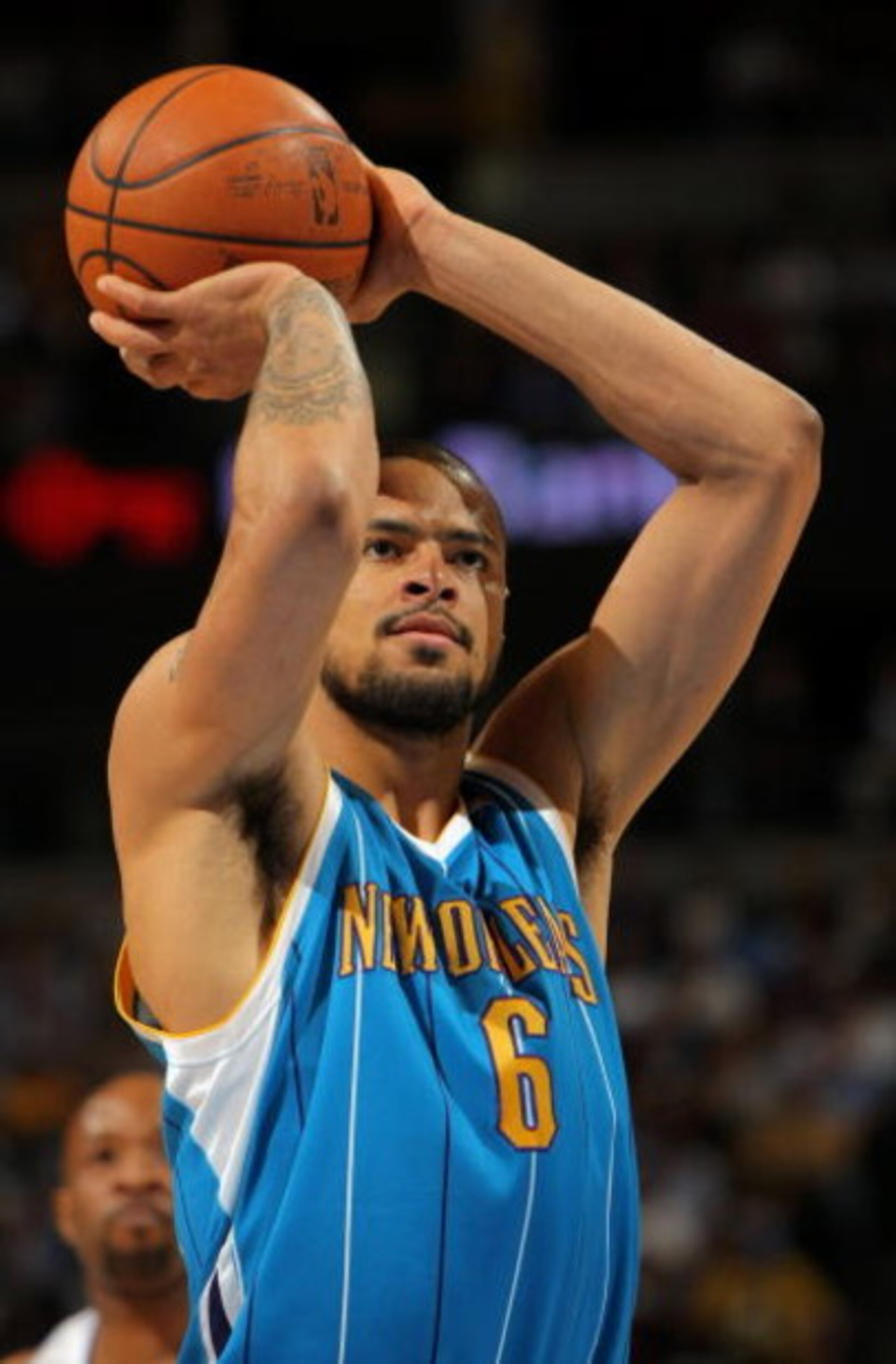 DENVER - APRIL 22:  Tyson Chandler #6 of the New Orleans Hornets takes a free throw against the Denver Nuggets in Game Two of the Western Conference Quarterfinals during the 2009 NBA Playoffs at Pepsi Center on April 22, 2009 in Denver, Colorado. The Nugg