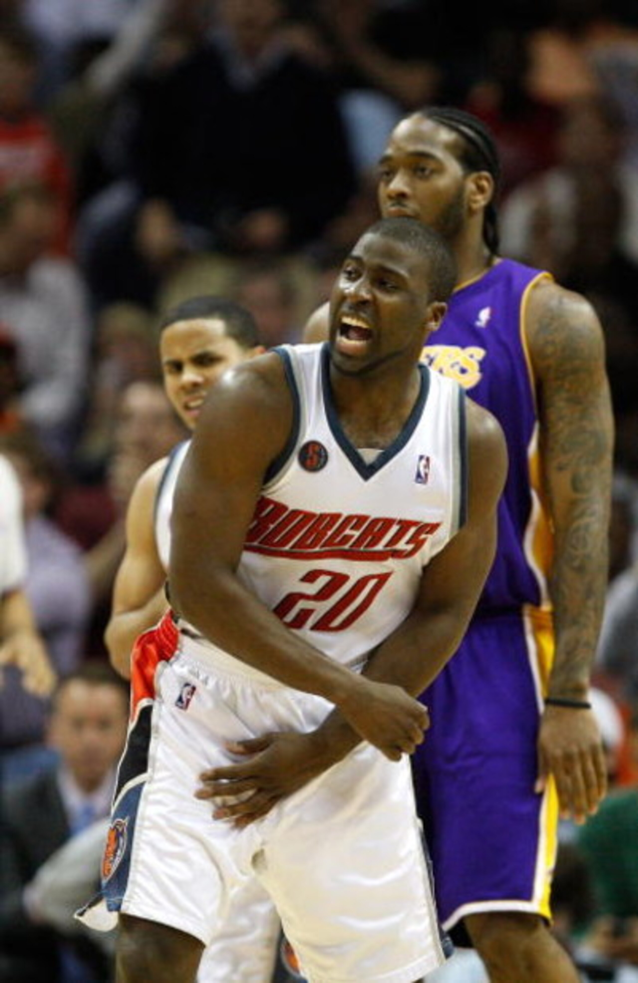 CHARLOTTE, NC - MARCH 31:  Josh Powell #21 of the Los Angeles Lakers watches as Raymond Felton #20 of the Charlotte Bobcats celebrates during their game at Time Warner Cable Arena on March 31, 2009 in Charlotte, North Carolina.  NOTE TO USER: User express