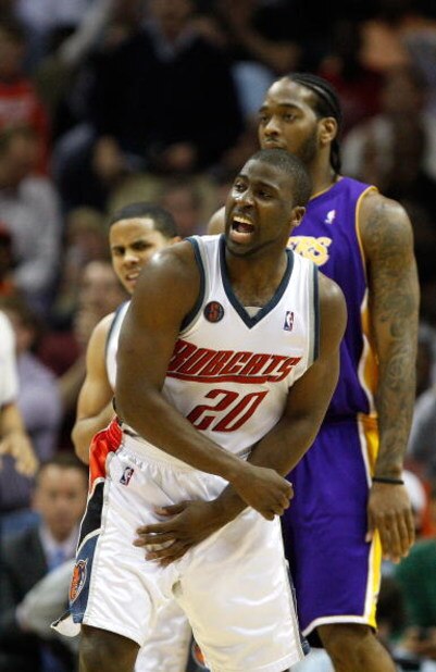 CHARLOTTE, NC - MARCH 31:  Josh Powell #21 of the Los Angeles Lakers watches as Raymond Felton #20 of the Charlotte Bobcats celebrates during their game at Time Warner Cable Arena on March 31, 2009 in Charlotte, North Carolina.  NOTE TO USER: User express