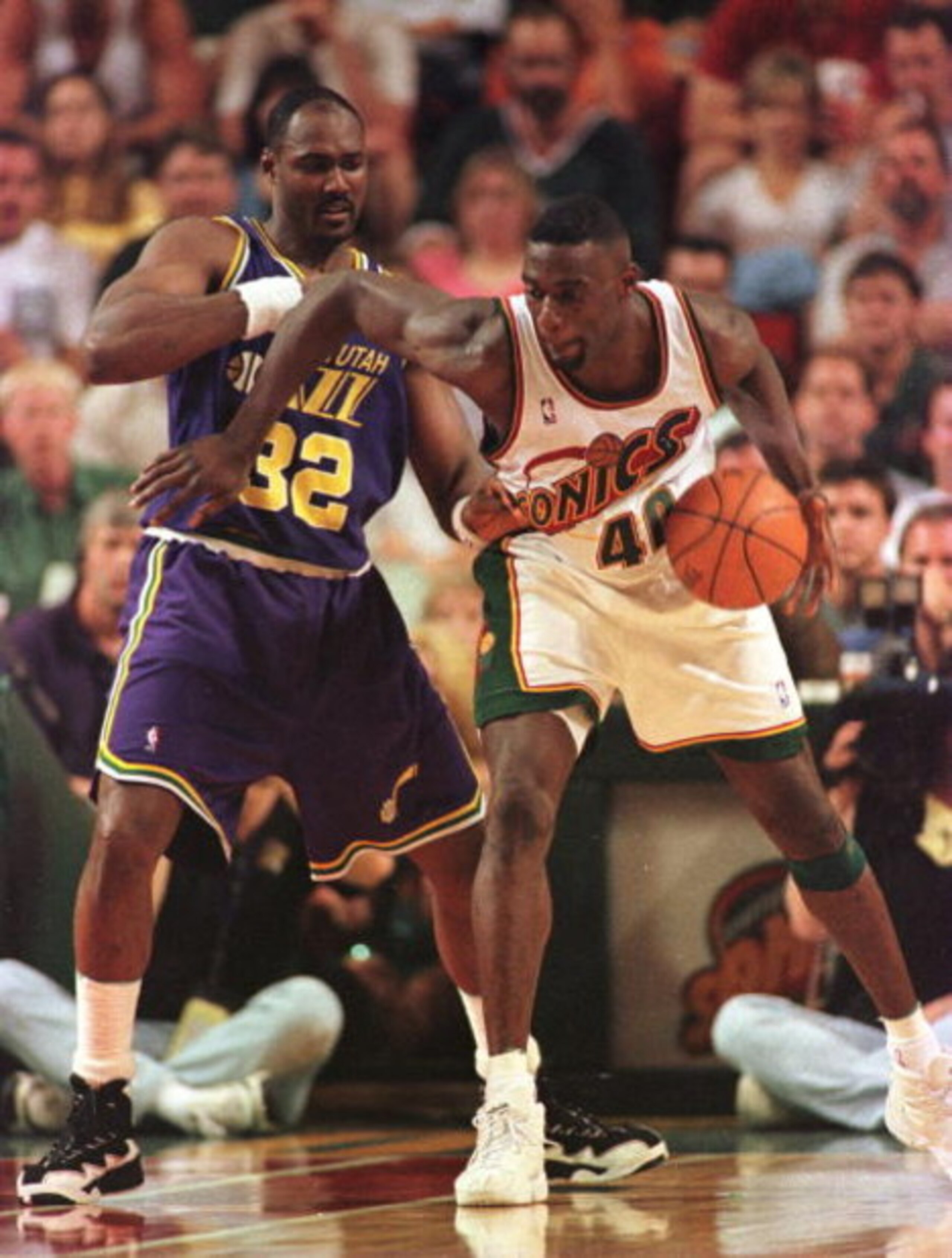 2 Jun 1996:  Seattle Supersonics forward Shawn Kemp (right) battles with Utah Jazz forward Karl Malone during the Western Conference Final game at Key Arena in Seattle, Washington. The Supersonics defeated the Jazz 90-86 to advance to the NBA finals.    M
