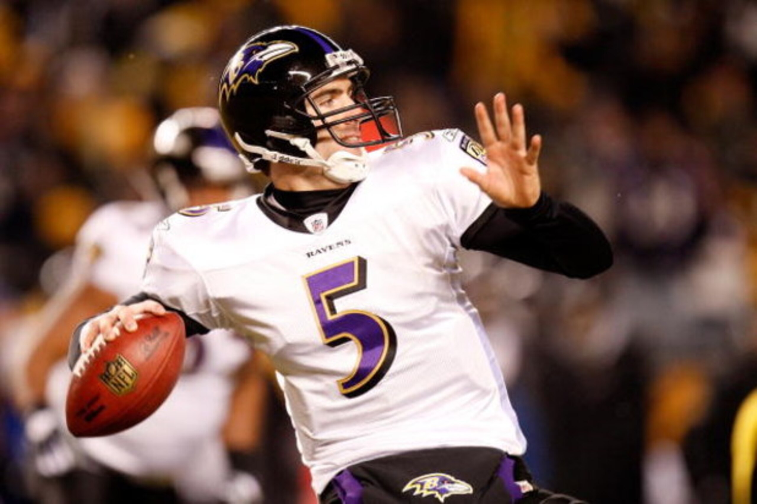 PITTSBURGH - JANUARY 18:  Quarterback Joe Flacco #5 of the Baltimore Ravens looks to pass against the  Pittsburgh Steelers during the first quarter AFC championship game on January 18, 2009 at Heinz Field in Pittsburgh, Pennsylvania.  (Photo by Gregory Sh