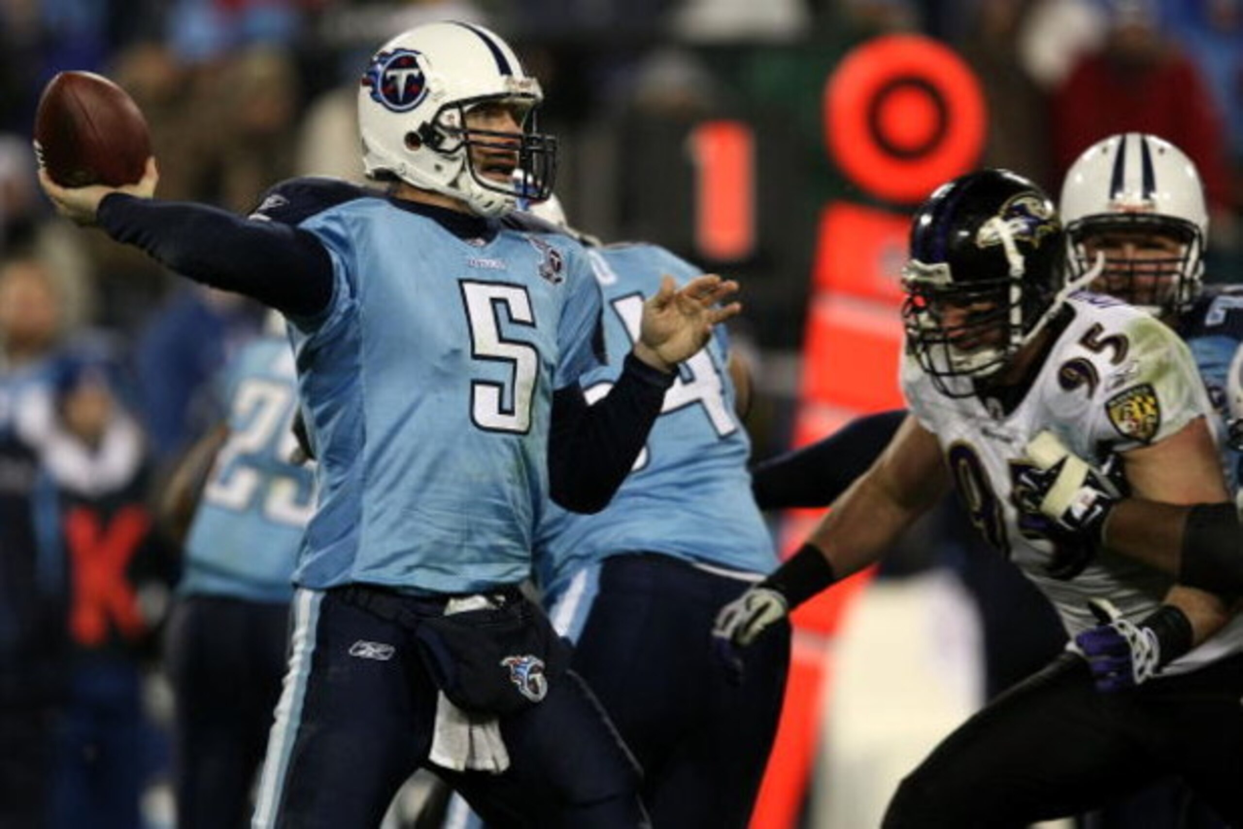 NASHVILLE, TN - JANUARY 10:  Quarterback Kerry Collins #5 of the Tennessee Titans throws the ball against the Baltimore Ravens during the AFC Divisional Playoff Game on January 10, 2009 at LP Field in Nashville, Tennessee.  (Photo by Jonathan Daniel/Getty