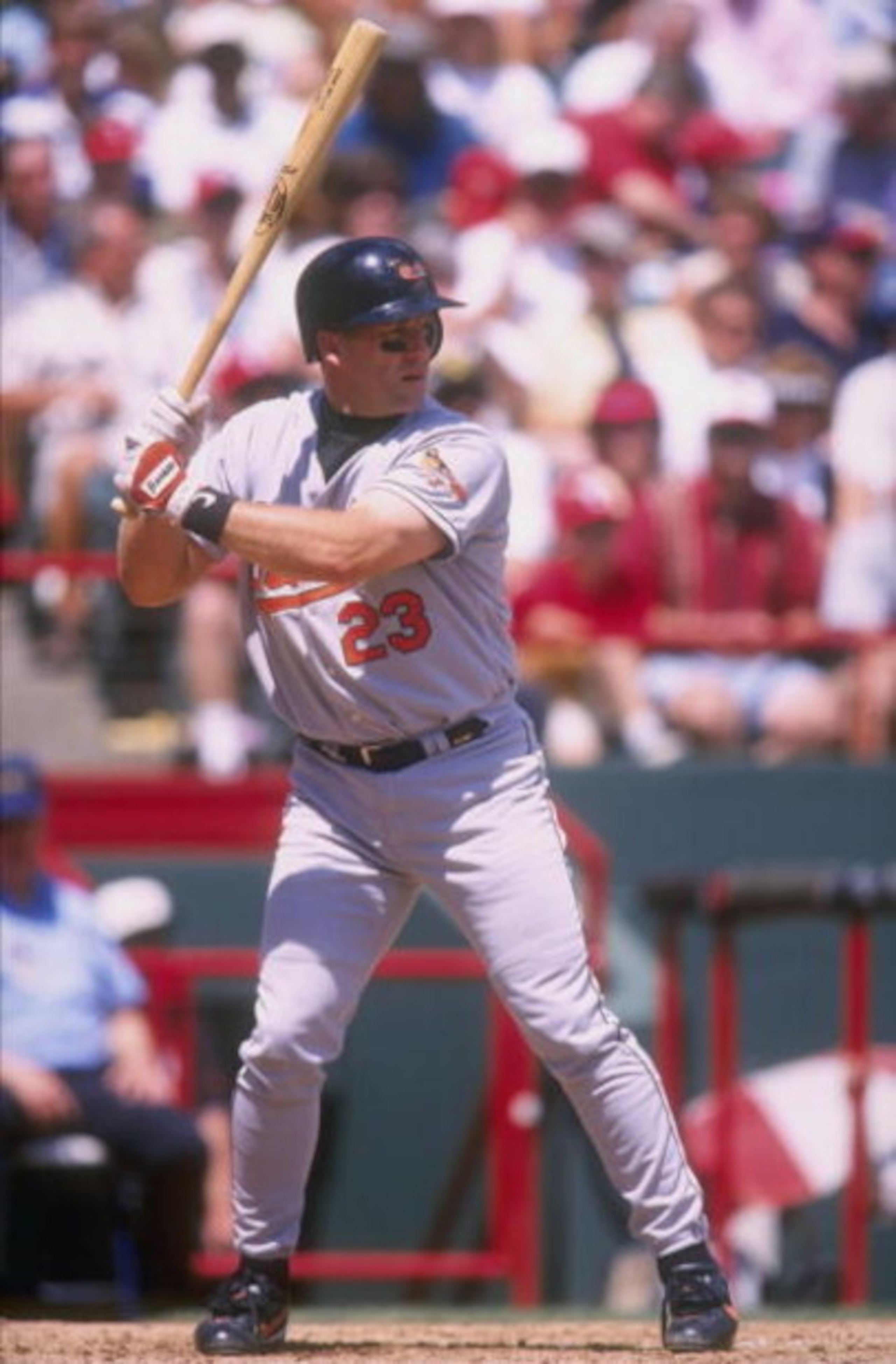 19 Apr 1998:  Catcher Chris Hoiles of the Baltimore Orioles in action during a game against the Texas Rangers at The Ball Park in Arlington, Texas. The Rangers defeated the Orioles 11-7. Mandatory Credit: Stephen Dunn  /Allsport