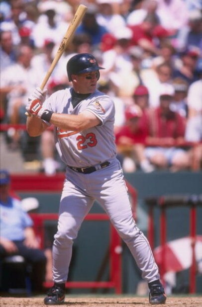 19 Apr 1998:  Catcher Chris Hoiles of the Baltimore Orioles in action during a game against the Texas Rangers at The Ball Park in Arlington, Texas. The Rangers defeated the Orioles 11-7. Mandatory Credit: Stephen Dunn  /Allsport