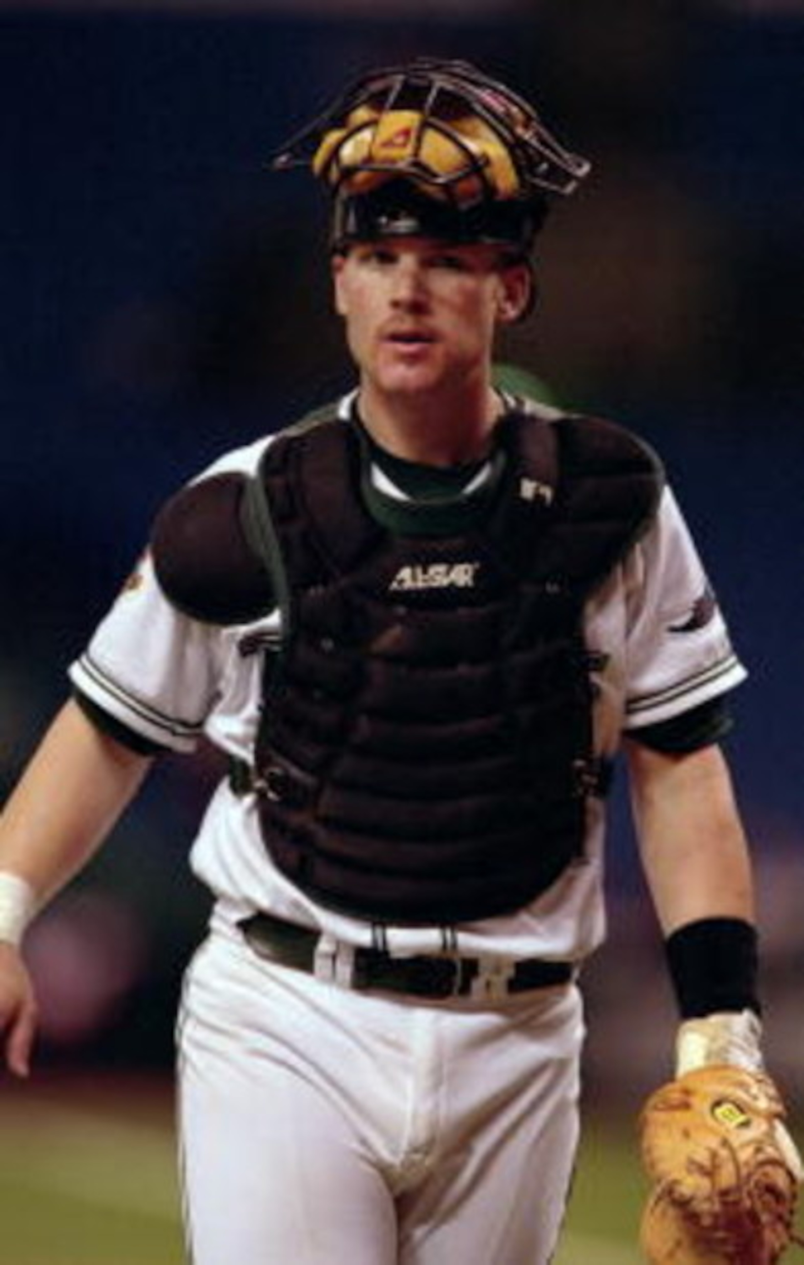 3 Oct 2001:  Toby Hall #44 of the Tampa Bay Devil Rays looks on during the game against the Boston Red Sox at the Tropicana Field in St. Petersburg, Florida. The Red Sox defeated the Devil Rays 10-3.Mandatory Credit: Andy Lyons  /Allsport