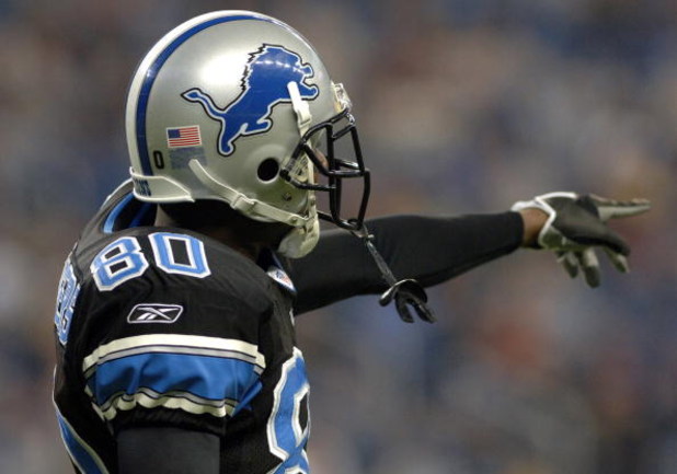 Detroit Lions wide receiver Charles Rogers points upfield during  a Thanksgiving Day game, November 24, 2005, at Ford Field, Detroit.  The Atlanta Falcons defeated the Lions 27 - 7.  (Photo by Al Messerschmidt/Getty Images)
