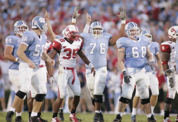 CHAPEL HILL, NC - OCTOBER 9:  The North Carolina Tar Heels celebrate during the game against the North Carolina State Wolfpack on October 9, 2004 at Kenan Stadium Stadium in Chapel Hill, North Carolina. North Carolina defeated North Carolina State 30-24. 