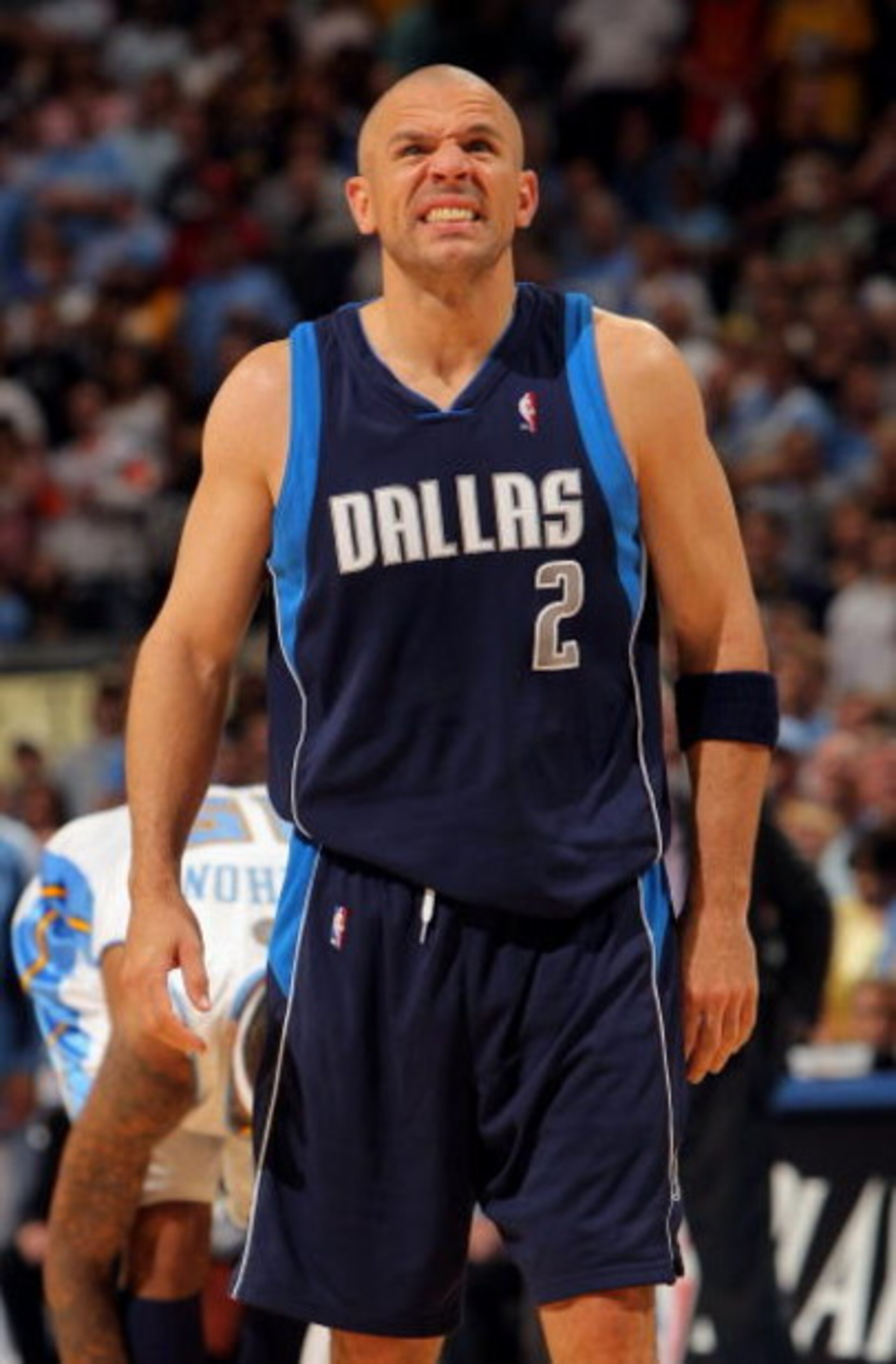 DENVER - MAY 13:  Jason Kidd #2 of the Dallas Mavericks grimaces after a fall while fouling against the Denver Nuggets in Game Five of the Western Conference Semifinals during the 2009 NBA Playoffs at Pepsi Center on May 13, 2009 in Denver, Colorado. The 