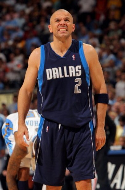 DENVER - MAY 13:  Jason Kidd #2 of the Dallas Mavericks grimaces after a fall while fouling against the Denver Nuggets in Game Five of the Western Conference Semifinals during the 2009 NBA Playoffs at Pepsi Center on May 13, 2009 in Denver, Colorado. The 