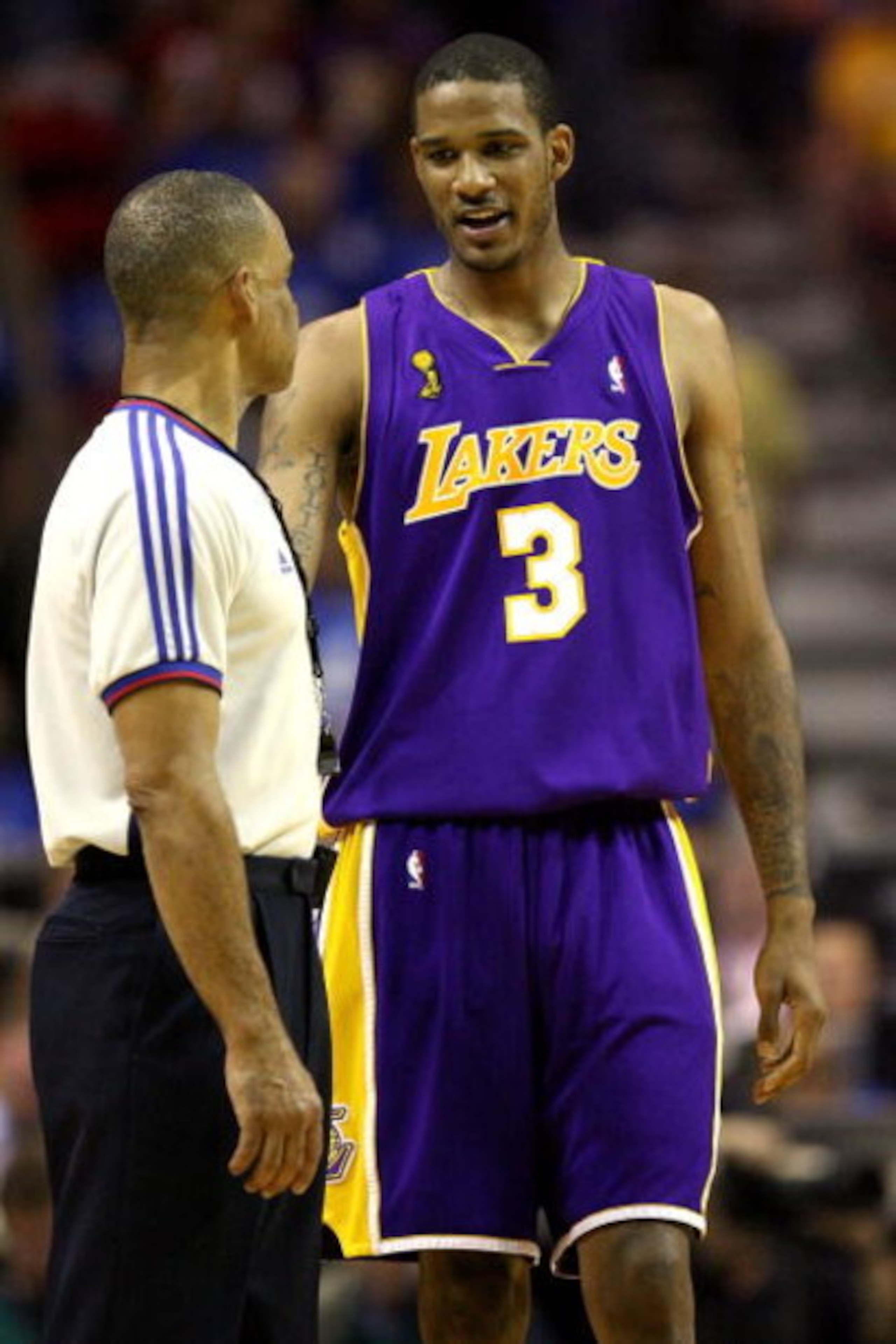 ORLANDO, FL - JUNE 14:  Trevor Ariza #3 of the Los Angeles Lakers talks to referee Dan Crawford in the second half against the Orlando Magic in Game Five of the 2009 NBA Finals on June 14, 2009 at Amway Arena in Orlando, Florida.  NOTE TO USER:  User expr