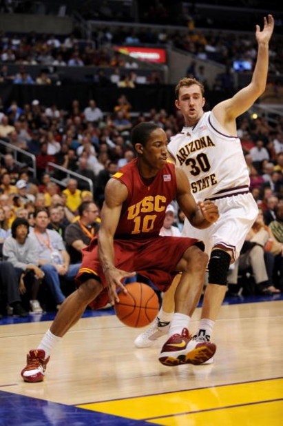 LOS ANGELES, CA - MARCH 14:  Guard DeMar DeRozan #10 of the USC Trojans drives with the ball against the Arizona State Sun Devils in the Pacific Life Pac-10 Men's Basketball Tournament Championship Game at the Staples Center on March 14, 2009 in Los Angel