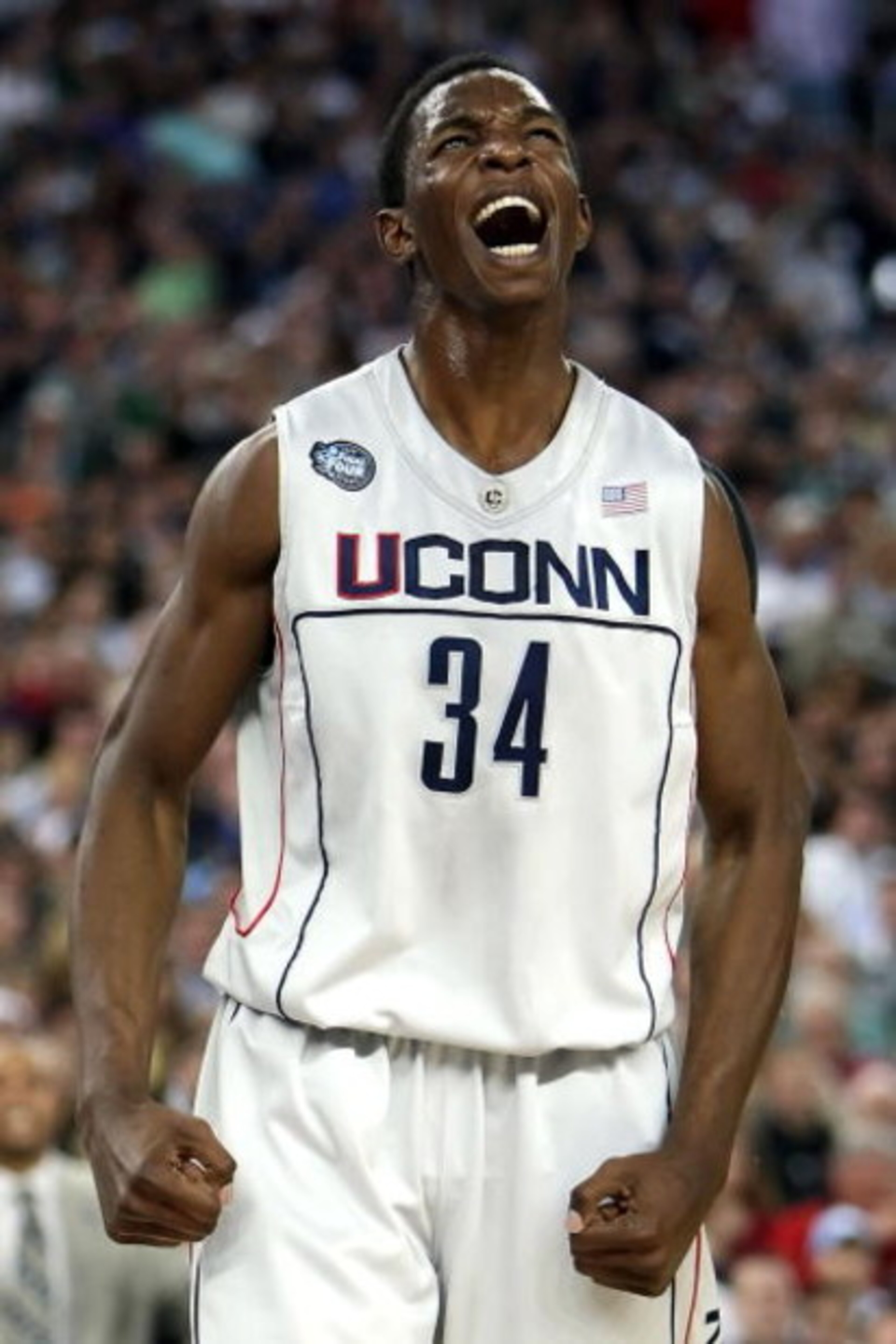 DETROIT - APRIL 04: Hasheem Thabeet #34 of the Connecticut Huskies reacts after he scored a basket in the first half against the Michigan State Spartans during the National Semifinal game of the NCAA Division I Men's Basketball Championship at Ford Field DETROIT - APRIL 04: Hasheem Thabeet #34 of the Connecticut Huskies reacts after he scored a basket in the first half against the Michigan State Spartans during the National Semifinal game of the NCAA Division I Men's Basketball Championship at Ford Field