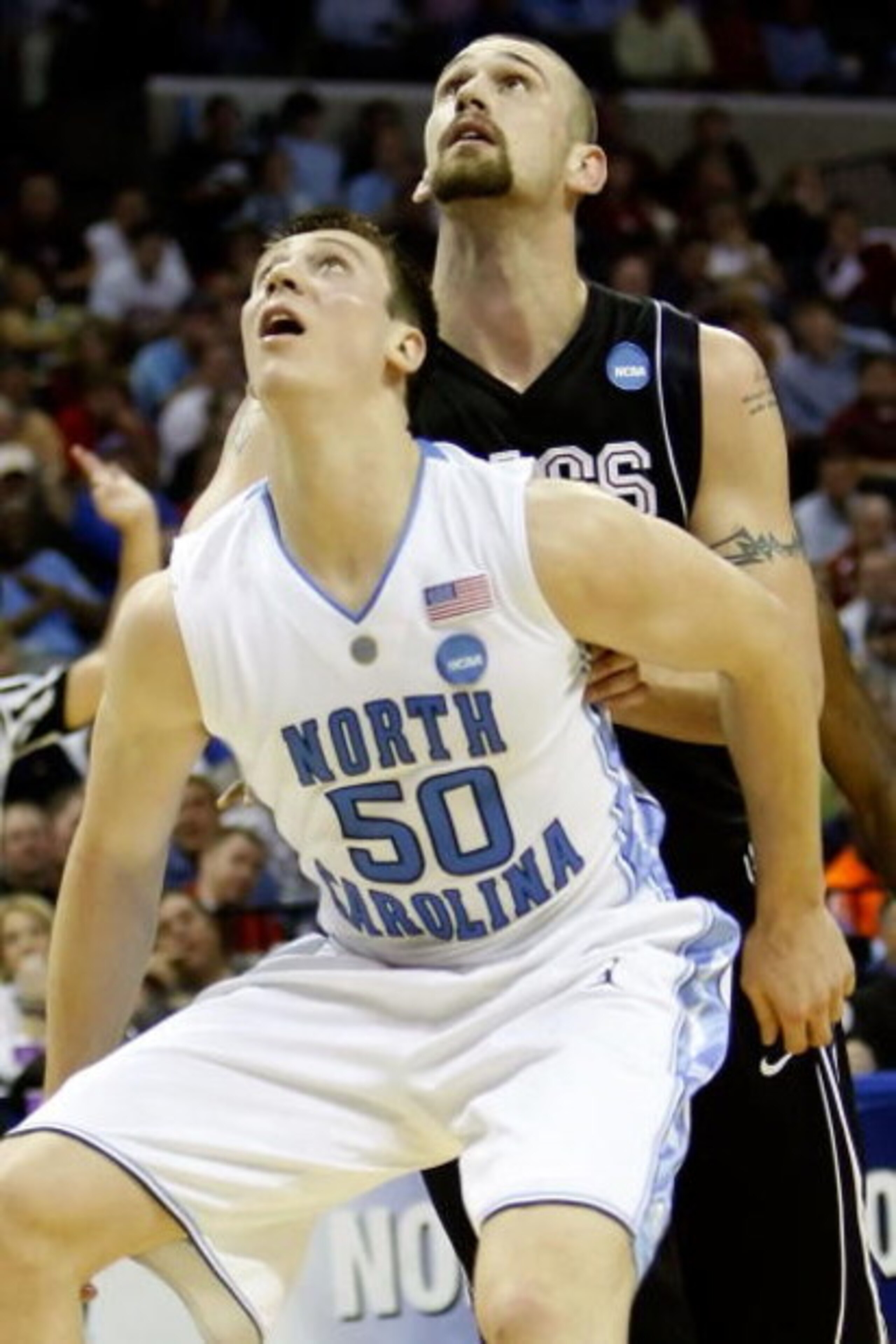 MEMPHIS, TN - MARCH 27:  Tyler Hansbrough #50 of the North Carolina Tar Heels boxes out Josh Heytvelt #42 of the Gonzaga Bulldogs during the NCAA Men's Basketball Tournament South Regionals at the FedExForum on March 27, 2009 in Memphis, Tennessee.  (Phot