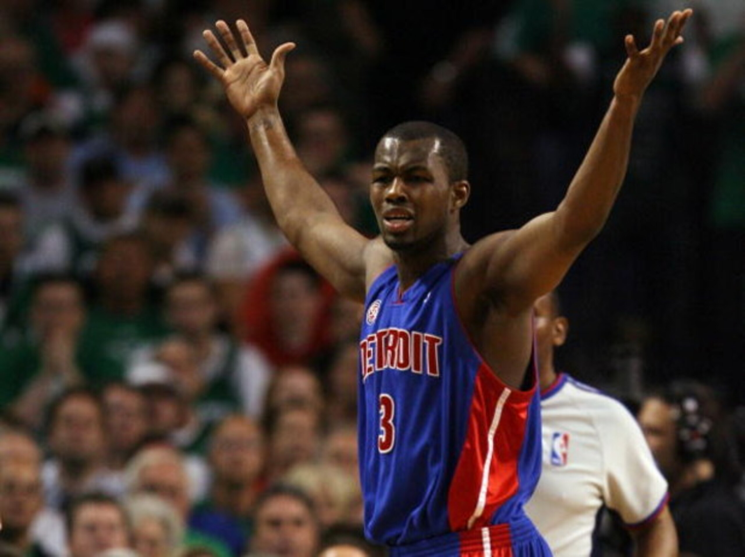 BOSTON - MAY 28:  Rodney Stuckey #3 of the Detroit Pistons reacts after getting called for a foul against the Boston Celtics during Game Five of the Eastern Conference finals during the 2008 NBA Playoffs at TD Banknorth Garden on May 28, 2008 in Boston, M