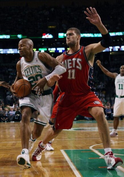 BOSTON - JANUARY 14:  Ray Allen #20 of the Boston Celtics tries to get to the net as Brook Lopez #11 of the New Jersey Nets defends at TD Banknorth Garden January 14, 2009 in Boston, Massachusetts.  NOTE TO USER: User expressly acknowledges and agrees tha