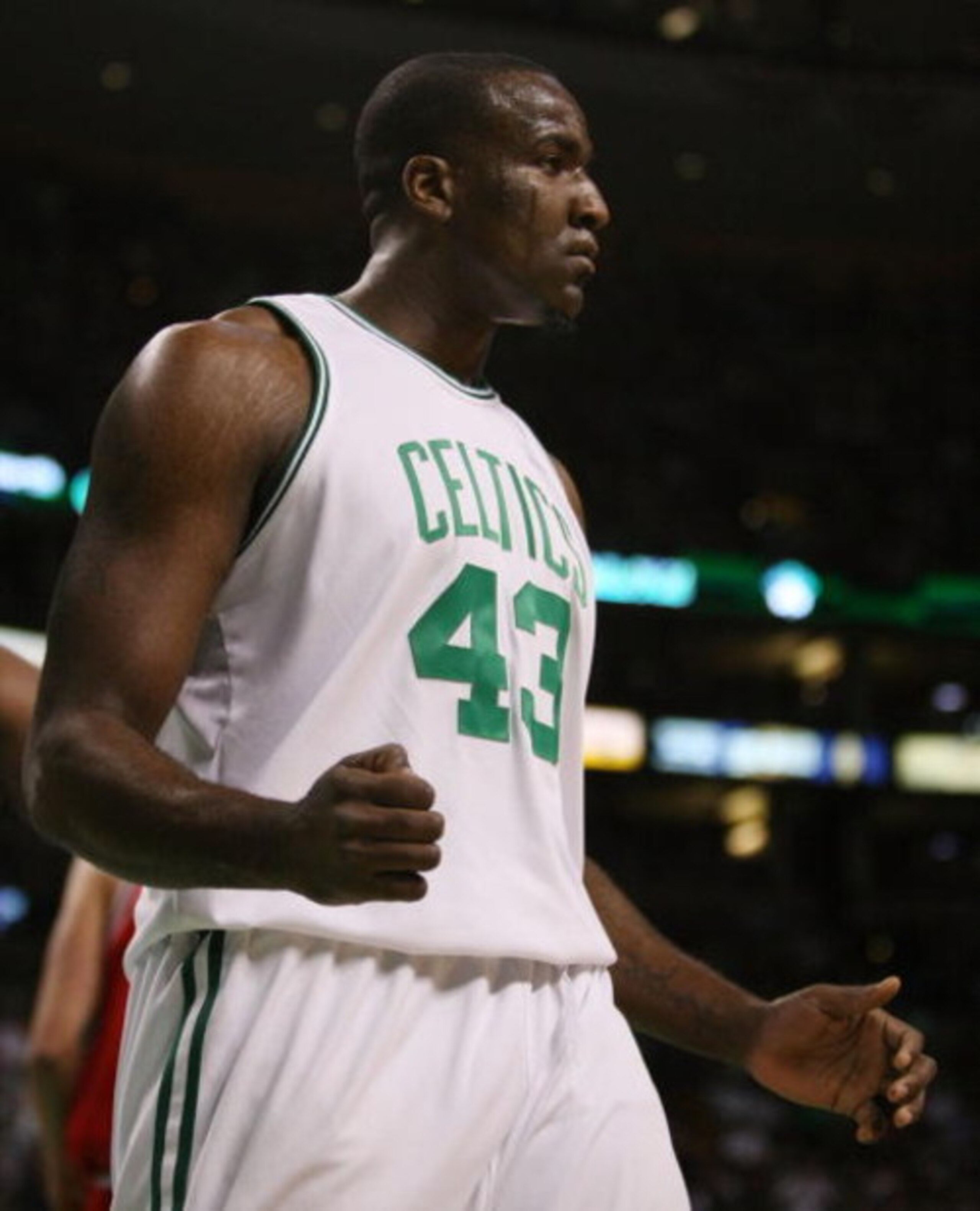 BOSTON - MAY 02:  Kendrick Perkins #43 of the Boston Celtics  celebrates after he drew the foul in the first half against the Chicago Bulls in Game Seven of the Eastern Conference Quarterfinals during the 2009 NBA Playoffs at TD Banknorth Garden on May 2,