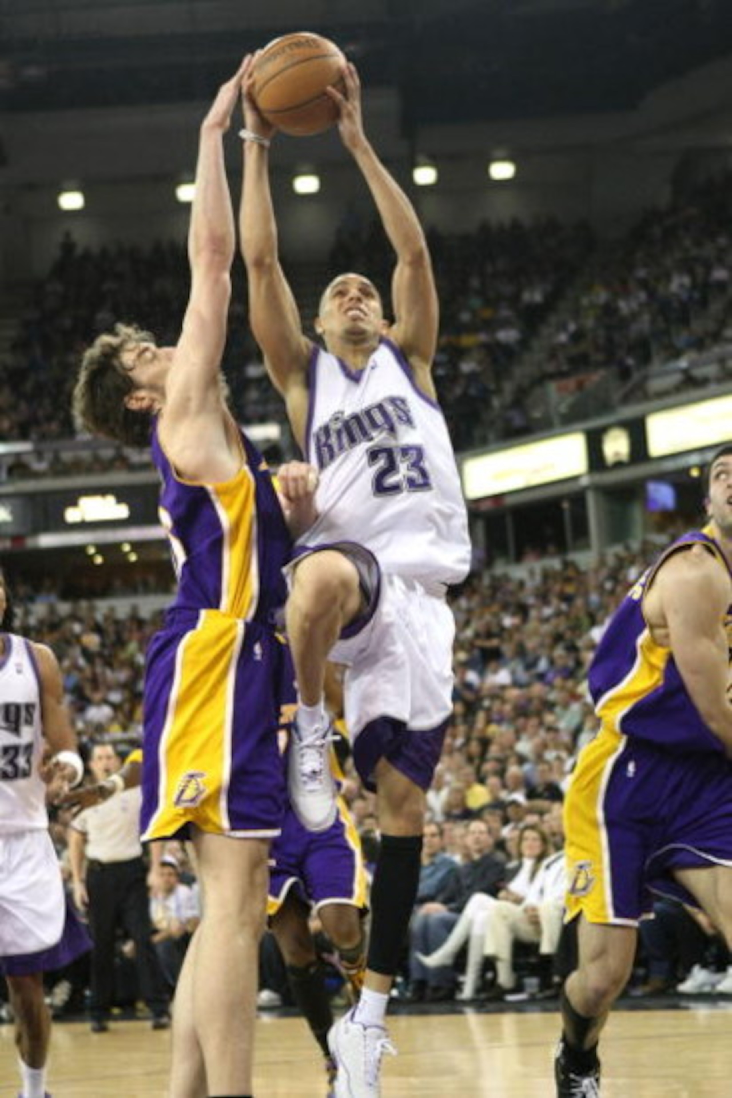 SACRAMENTO, CA - MARCH 04:  Kevin Martin #23 of the Sacramento Kings shoots over Pau Gasol #16 of the Los Angeles Lakers during an NBA game on March 4, 2008 at ARCO Arena in Sacramento, California. NOTE TO USER: User expressly acknowledges and agrees that