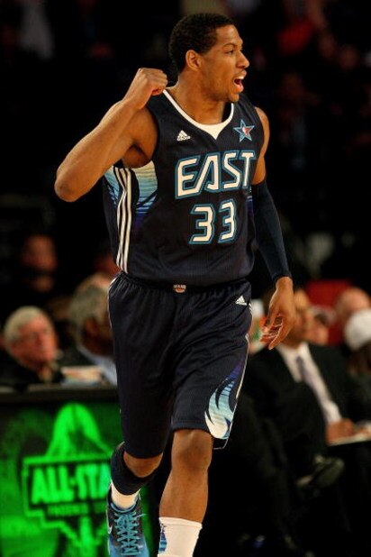 PHOENIX - FEBRUARY 15:  Danny Granger #33 of the Eastern Conference celebrates a play during the 58th NBA All-Star Game, part of 2009 NBA All-Star Weekend at US Airways Center on February 15, 2009 in Phoenix, Arizona.  NOTE TO USER: User expressly acknowl