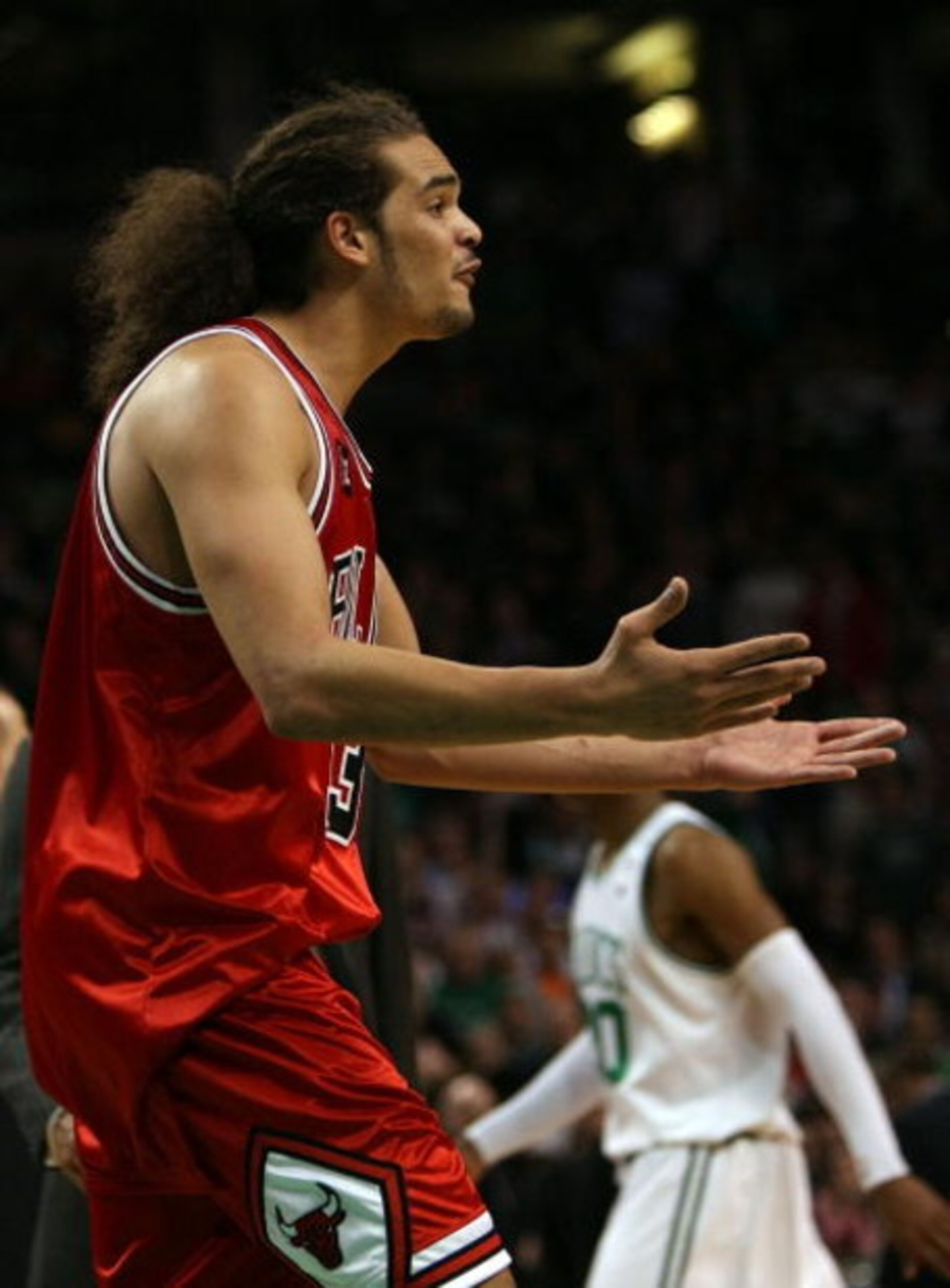 BOSTON - APRIL 20: Joakim Noah #13 of the Chicago Bulls reacts after the ball is given to the Boston Celtics in Game Two of the Eastern Conference Quarterfinals during the 2009 NBA Playoffs at TD Banknorth Garden on April 20, 2009 in Boston, Massachusetts