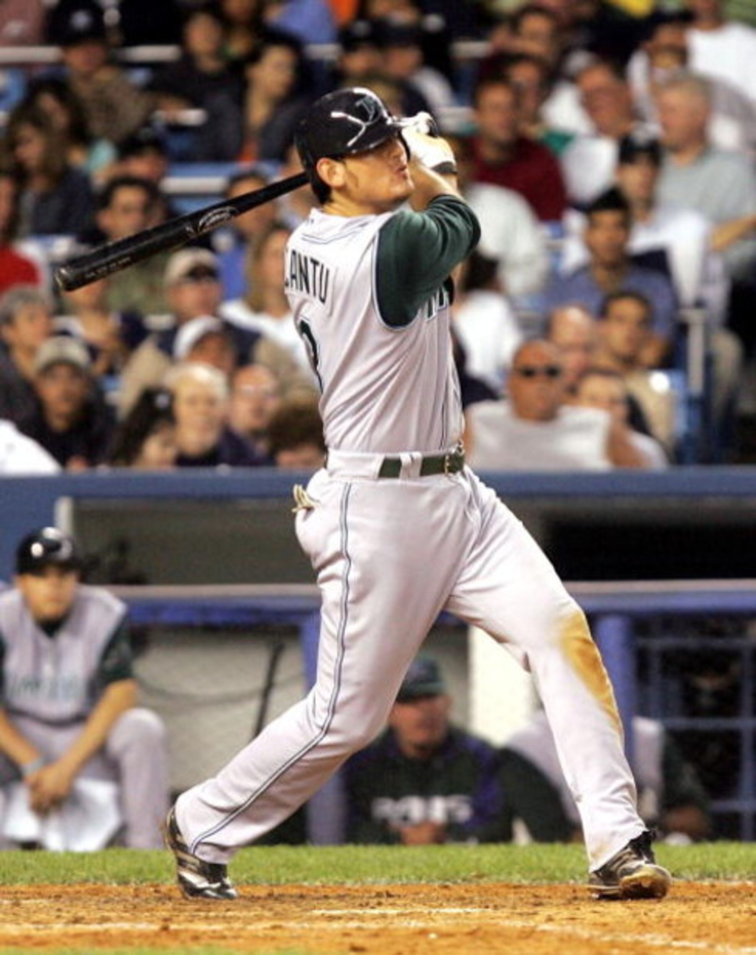 BRONX, NY - JUNE 20:  Jorge Cantu #3 of the Tampa Bay Devil Rays hits an RBI double in the sixth inning scoring teammate Julio Lugo against the New York Yankees on June 20, 2005 at Yankee Stadium in the Bronx borough of New York City. The Devil Rays ended