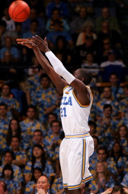 WESTWOOD, CA - FEBRUARY 19:  Jrue Holiday #21 of the UCLA Bruins shoots the jump shot in first half against the Washington Huskies during their NCAA basketball game at Pauley Pavilion on February 19, 2009 in Westwood, California. The Bruins defeated the H