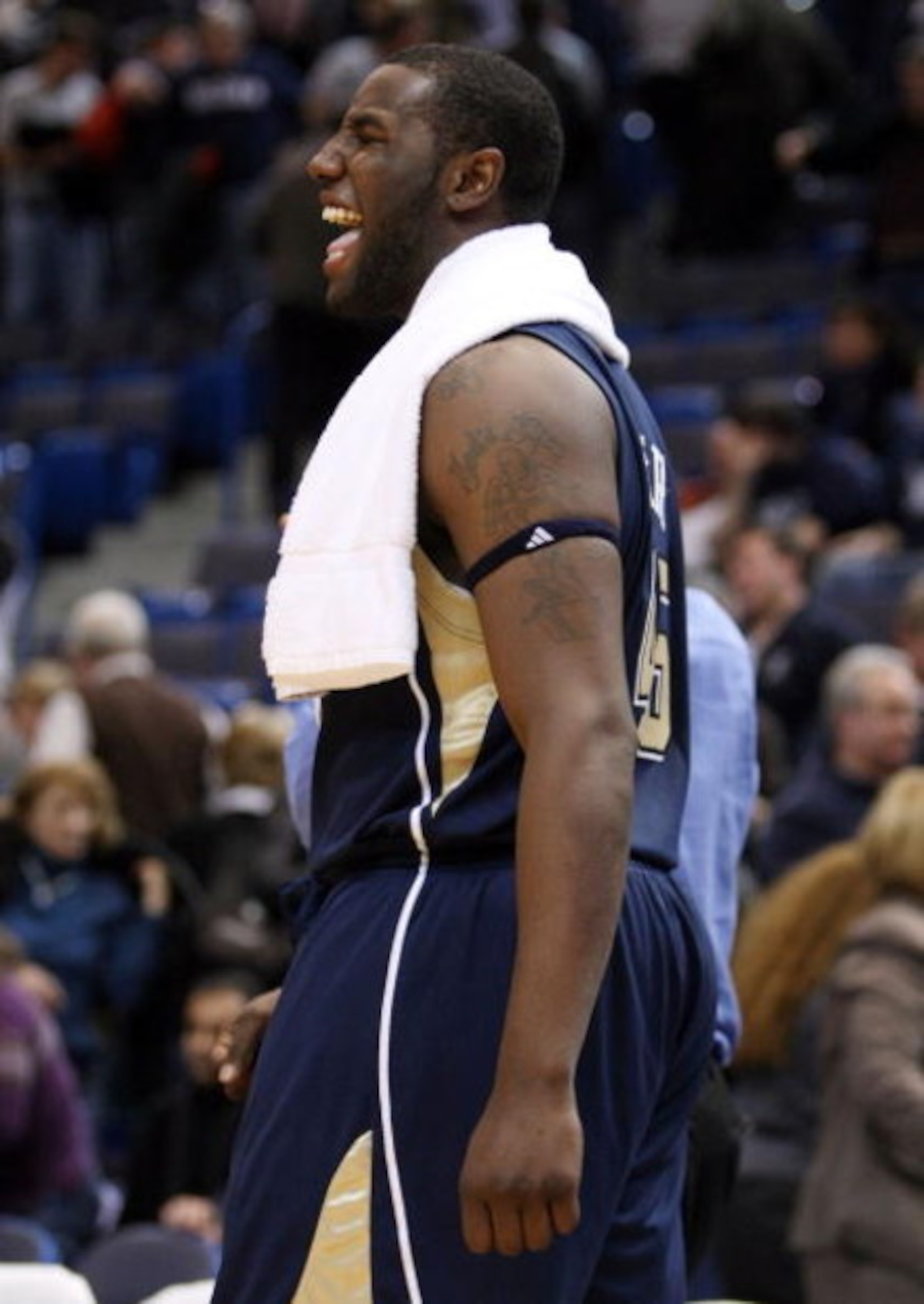 HARTFORD, CT - FEBRUARY 16:  DeJuan Blair #45 of the Pittsburgh Panthers celebrates a win over the Connecticut Huskies on February 16, 2009 at XL Center  in Hartford, Connecticut. Pittsburgh defeated Connecticut 76-68.  (Photo by Elsa/Getty Images)
