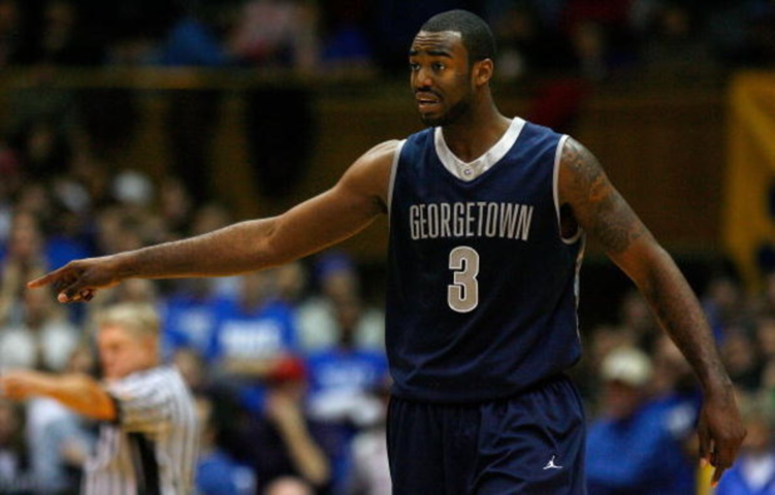 DURHAM, NC - JANUARY 17:  DaJuan Summers #3 of the Georgetown Hoyas reacts after a turnover during the game against the Duke Blue Devils on January 17, 2009 at Cameron Indoor Stadium in Durham, North Carolina.  (Photo by Kevin C. Cox/Getty Images)