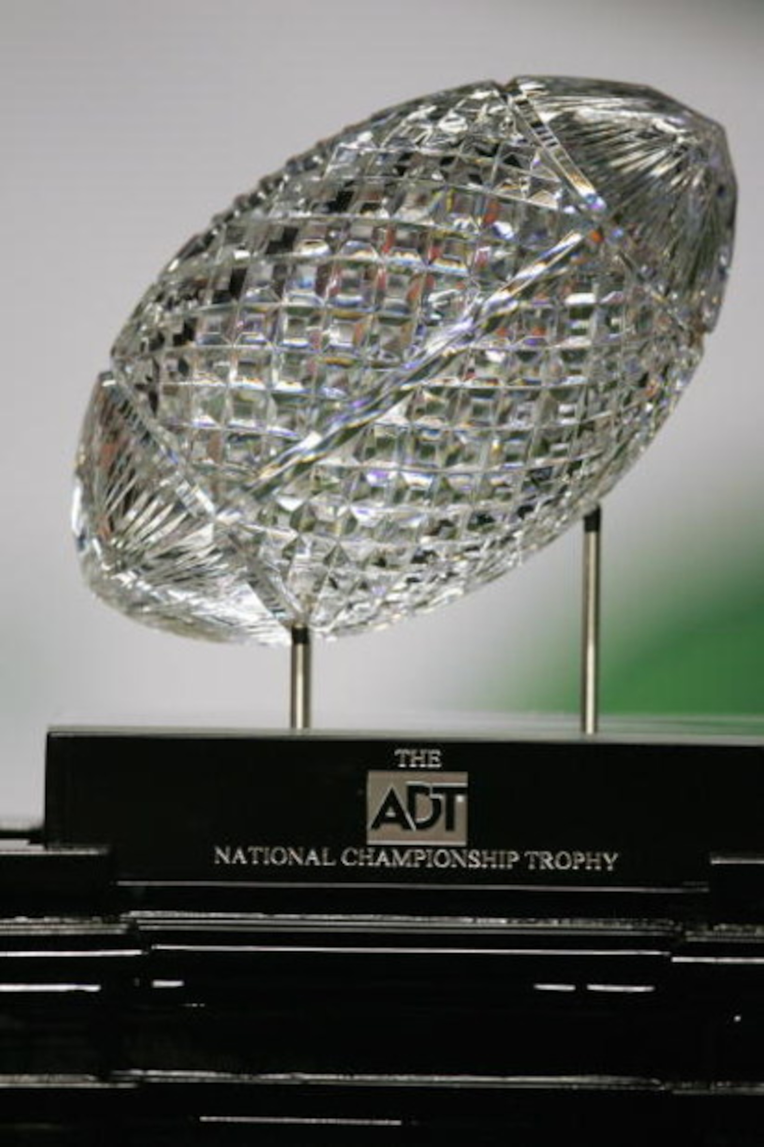 MIAMI - JANUARY 4:  The 2005 FedEx Orange Bowl National Championship trophy awaits USC on January 4, 2005 at Pro Player Stadium in Miami, Florida.  The USC Trojans defeated the Oklahoma Sooners 55-19. (Photo by Jamie Squire/Getty Images)