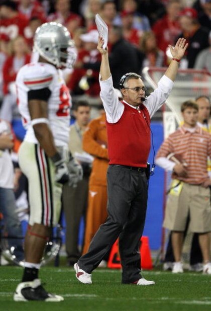 GLENDALE, AZ - JANUARY 05:  Head coach Jim Tressel of the Ohio State Buckeyes reacts during the Tostitos Fiesta Bowl Game against the Texas Longhorns on January 5, 2009 at University of Phoenix Stadium in Glendale, Arizona.   The Longhorns defeated the Bu