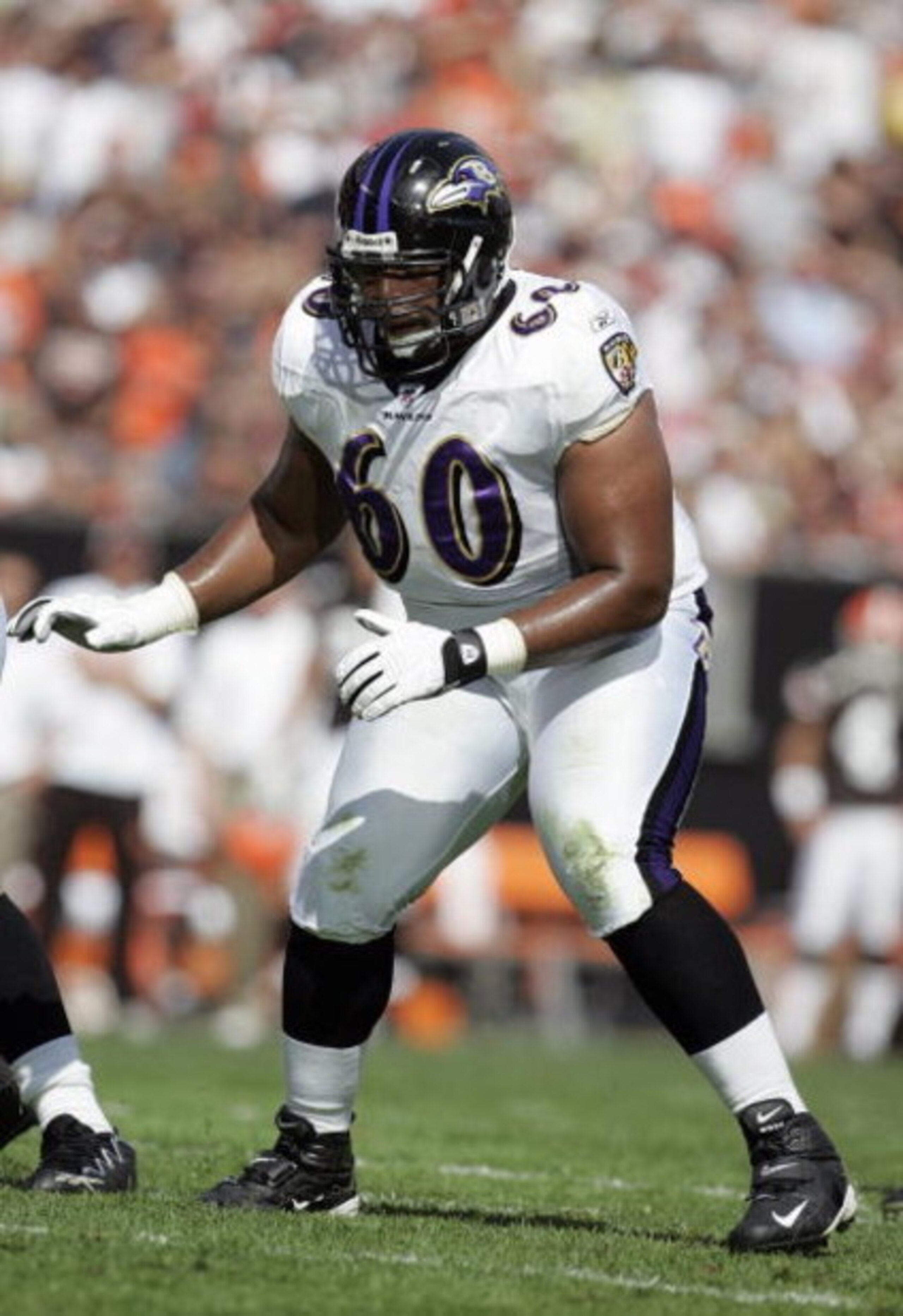 CLEVELAND - SEPTEMBER 30: Jason Brown #60 of the Baltimore Ravens moves on the field during the NFL game against the Cleveland Browns at Cleveland Browns Stadium September 30, 2007 in Cleveland, Ohio.  The Browns defeated the Ravens 27-13.  (Photo by Davi