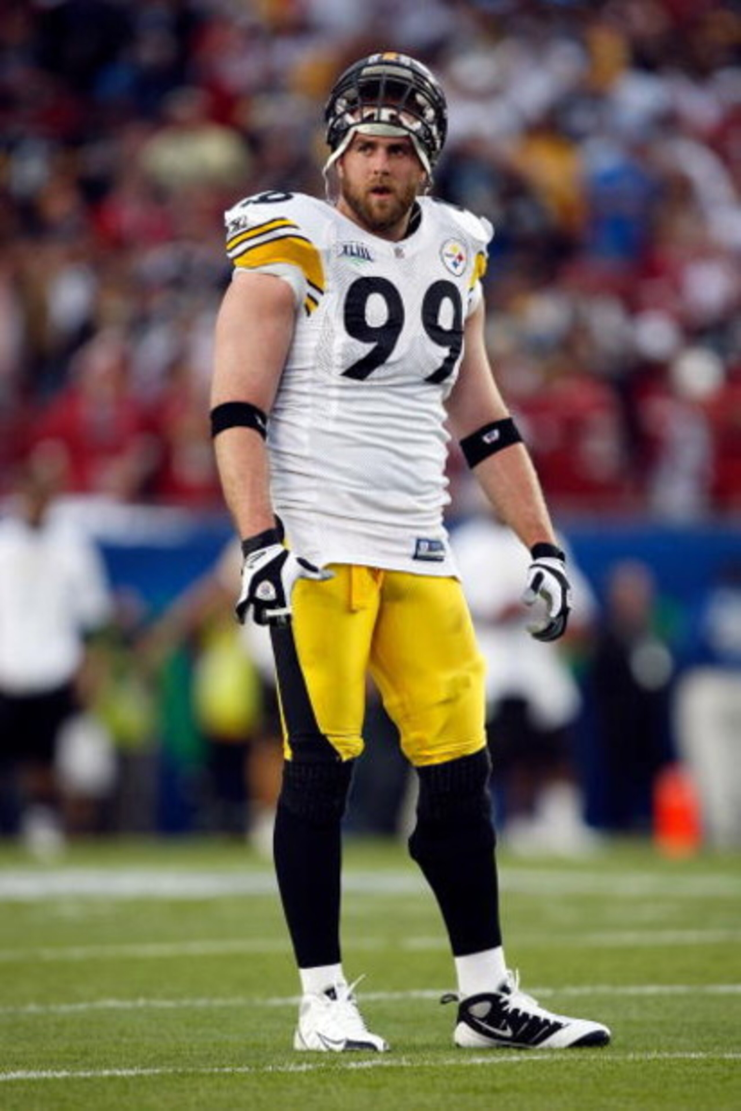 TAMPA, FL - FEBRUARY 01:  Defensive end Brett Keisel #99 of the Pittsburgh Steelers looks on against the Arizona Cardinals during Super Bowl XLIII on February 1, 2009 at Raymond James Stadium in Tampa, Florida.  (Photo by Streeter Lecka/Getty Images)