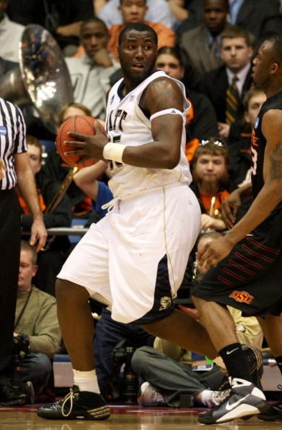 DAYTON, OH - MARCH 22: DeJuan Blair #45 of the Pittsburgh Panthers handles the ball against the Oklahoma State Cowboys during the second round of the NCAA Division I Men's Basketball Tournament at the University of Dayton Arena on March 22, 2009 in Dayton