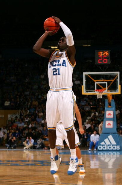 WESTWOOD, CA - MARCH 05:  Jrue Holiday #21 of the UCLA Bruins shoots the outside jump shot in the second half during their NCAA basketball game against the UCLA Bruins at Pauley Pavilion on March 5, 2009 in Westwood, California. The Bruins defeated the Be