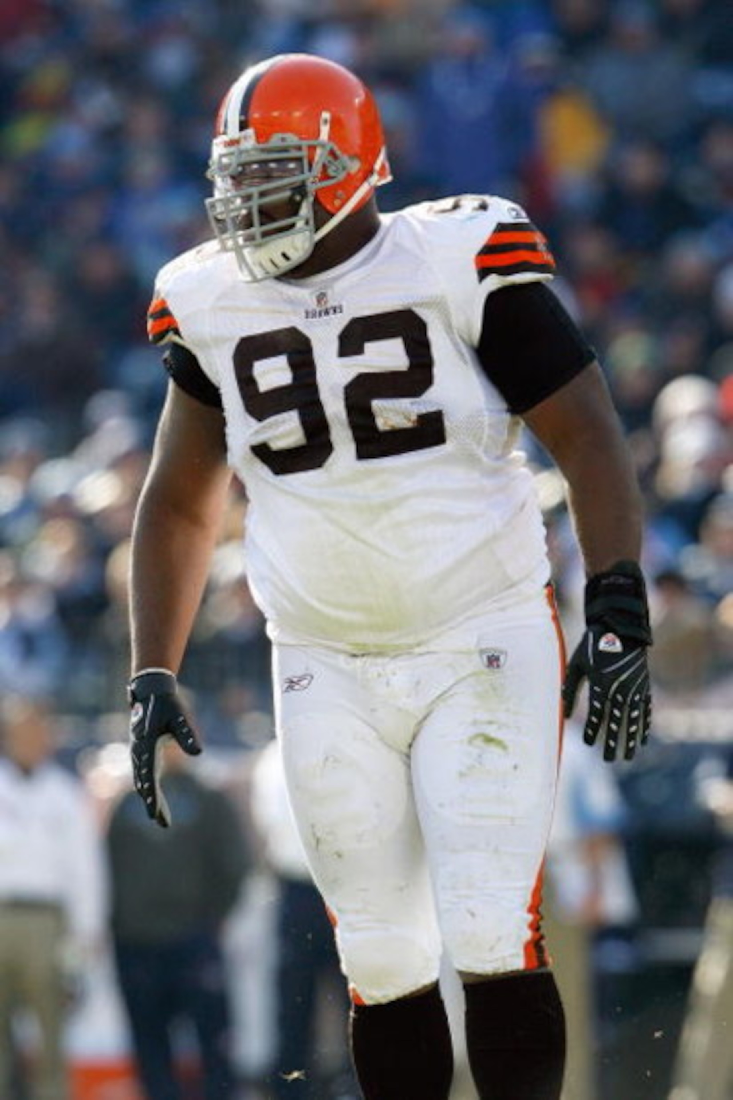 NASHVILLE, TN - DECEMBER 7:   Shaun Rogers #92 of the Cleveland Browns walks on the field during the game against the Tennessee Titans on December 7, 2008 at LP Field in Nashville, Tennessee.  (Photo by Kevin C. Cox/Getty Images)