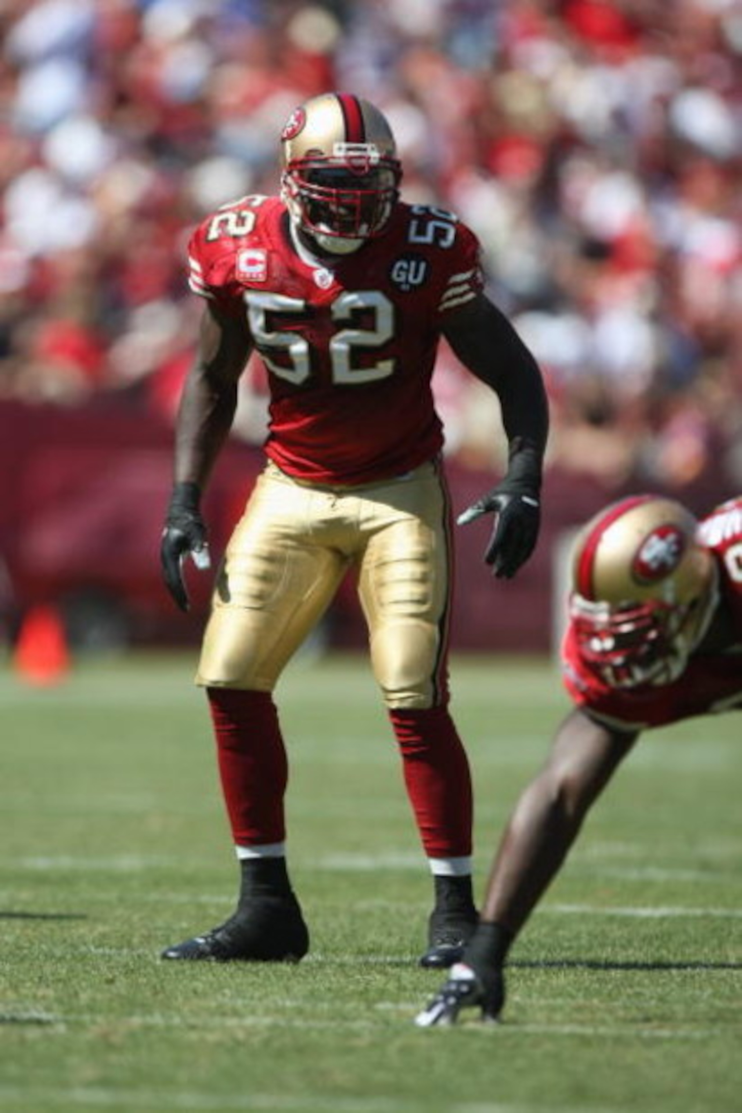 SAN FRANCISCO - SEPTEMBER 7:  Patrick Willis #52 of the San Francisco 49ers lines up for a play during the game against the Arizona Cardinals on September 7, 2008 at Bill Walsh Field at Candlestick Park in San Francisco, California. (Photo by Jed Jacobsoh