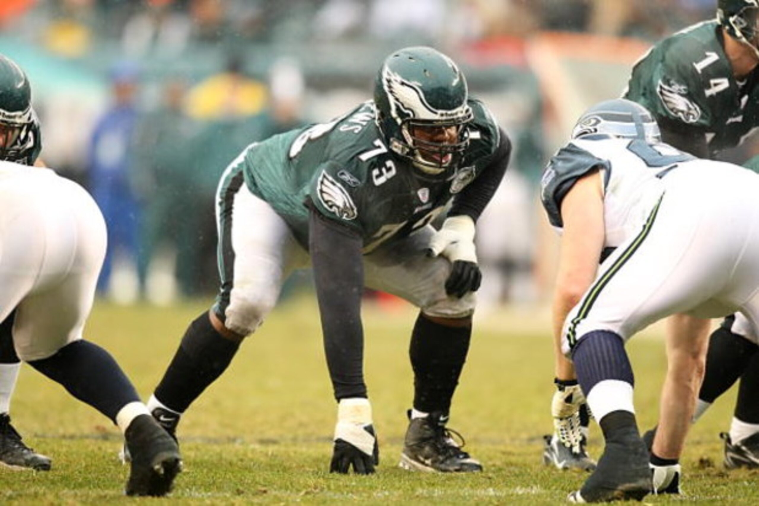 PHILADELPHIA - DECEMBER 2:  Shawn Andrews #73 of the Philadelphia Eagles crouches into position at the line of scrimmage during the NFL game against the Seattle Seahawks at the Lincoln Financial Field on December 2, 2007 in Philadelphia, Pennsylvania. (Ph