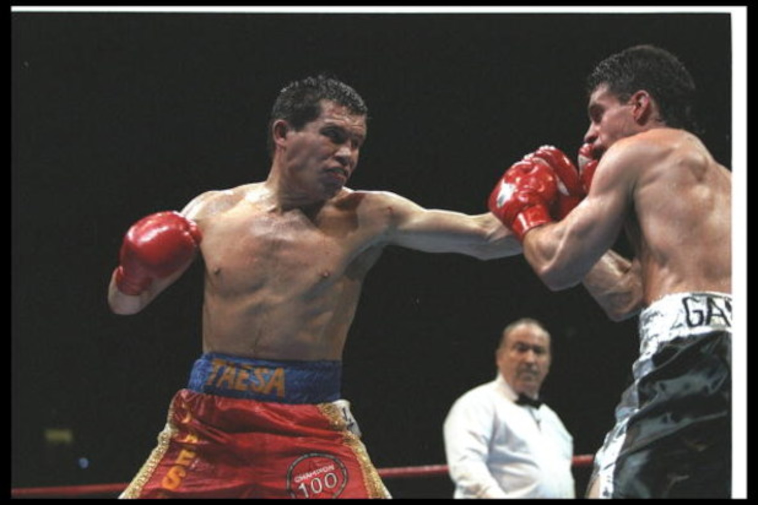 12 Oct 1996:  Julio Caesar Chavez (left) and Joey Gamache go toe to toe during a bout at Arrowhead Pond in Anaheim, California.  Chavez won the fight with a TKO in the eighth round. Mandatory Credit: Jed Jacobsohn  /Allsport