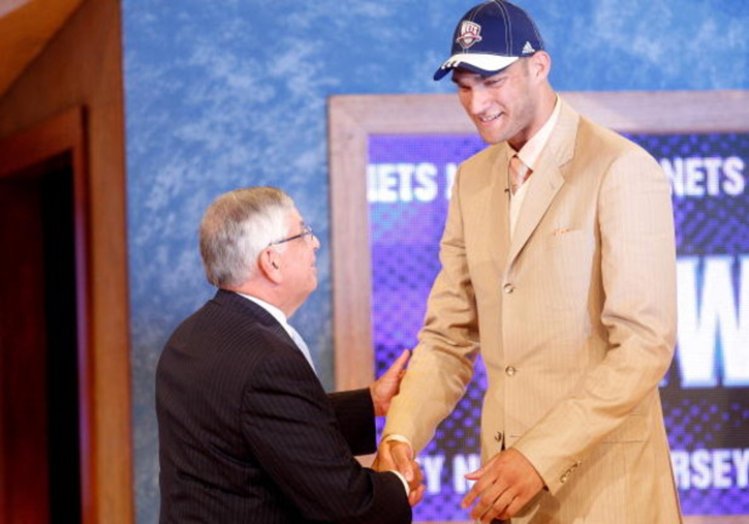NEW YORK - JUNE 26:  NBA Commissioner David Stern shakes hands with number ten draft pick for the New Jersey Nets, Brook Lopez during the 2008 NBA Draft at the Wamu Theatre at Madison Square Garden June 26, 2008 in New York City. NOTE TO USER: User expres