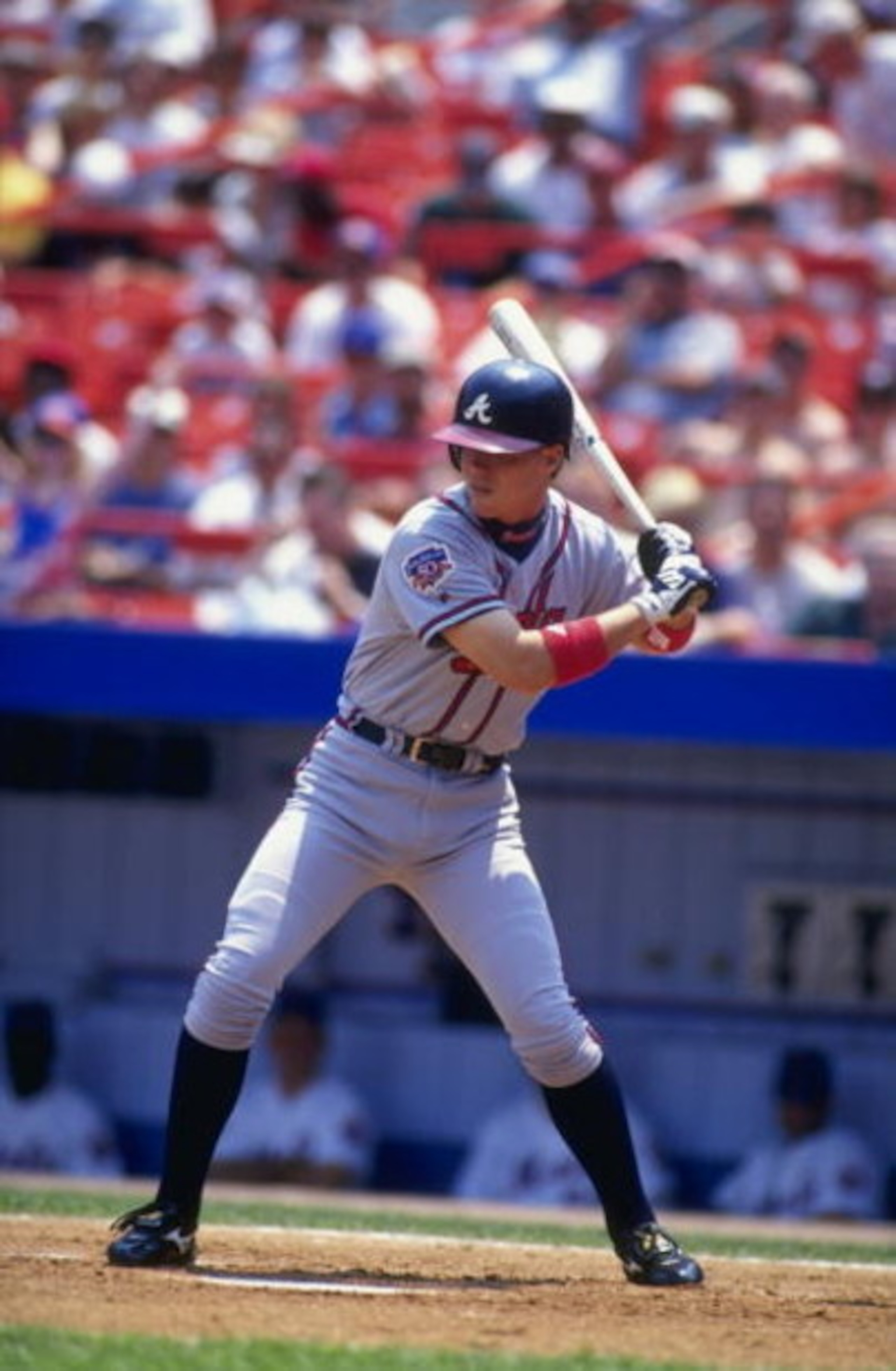 25 Jun 1997:  Chipper Jones #10 of the Atlanta Braves in action during a game against the New York Mets at Shea Stadium in Flushing, New York. The Braves defeated the Mets 14-7. Mandatory Credit: Al Bello  /Allsport
