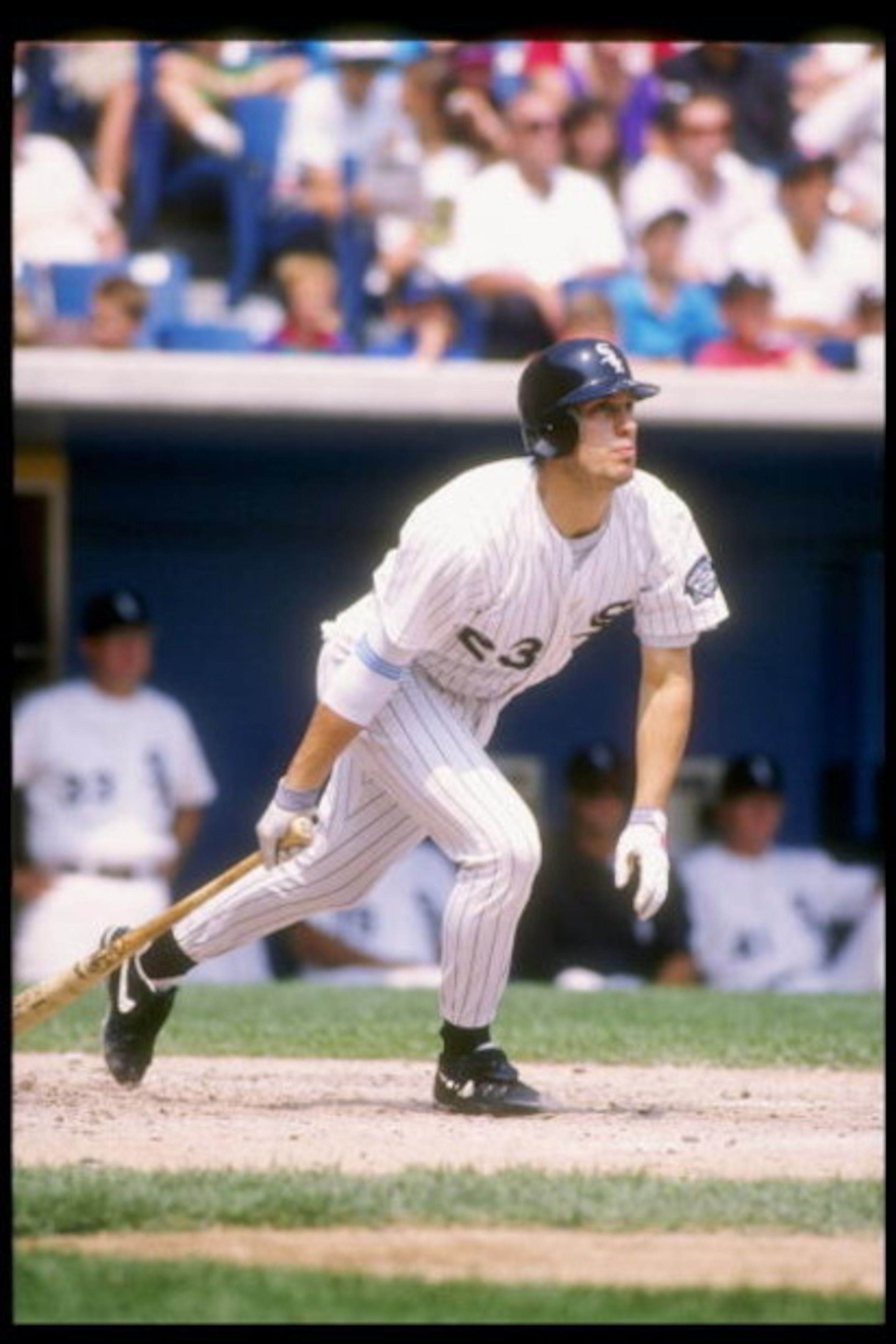 11 Aug 1993: Third baseman Robin Ventura of the Chicago White Sox prepares to drop his bat and run during a game against the Oakland Athletics at Comiskey Park in Chicago, Illinois.