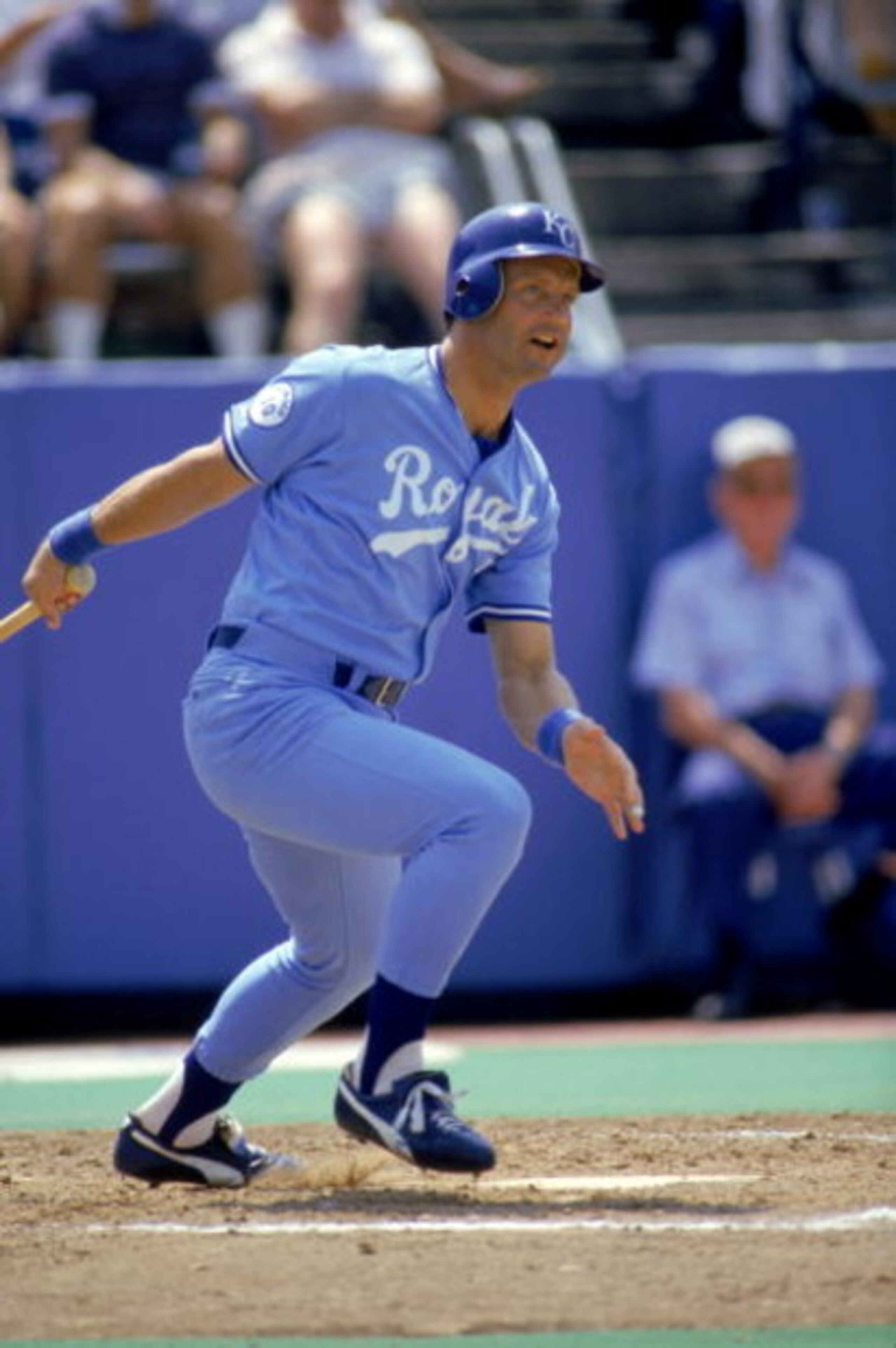 JULY - 1987:  George Brett #5 of the Kansas City Royals watches the flight of the ball as he follows through on his swing during a game in July of 1987.  (Photo by Gray Mortimore/Getty Images)