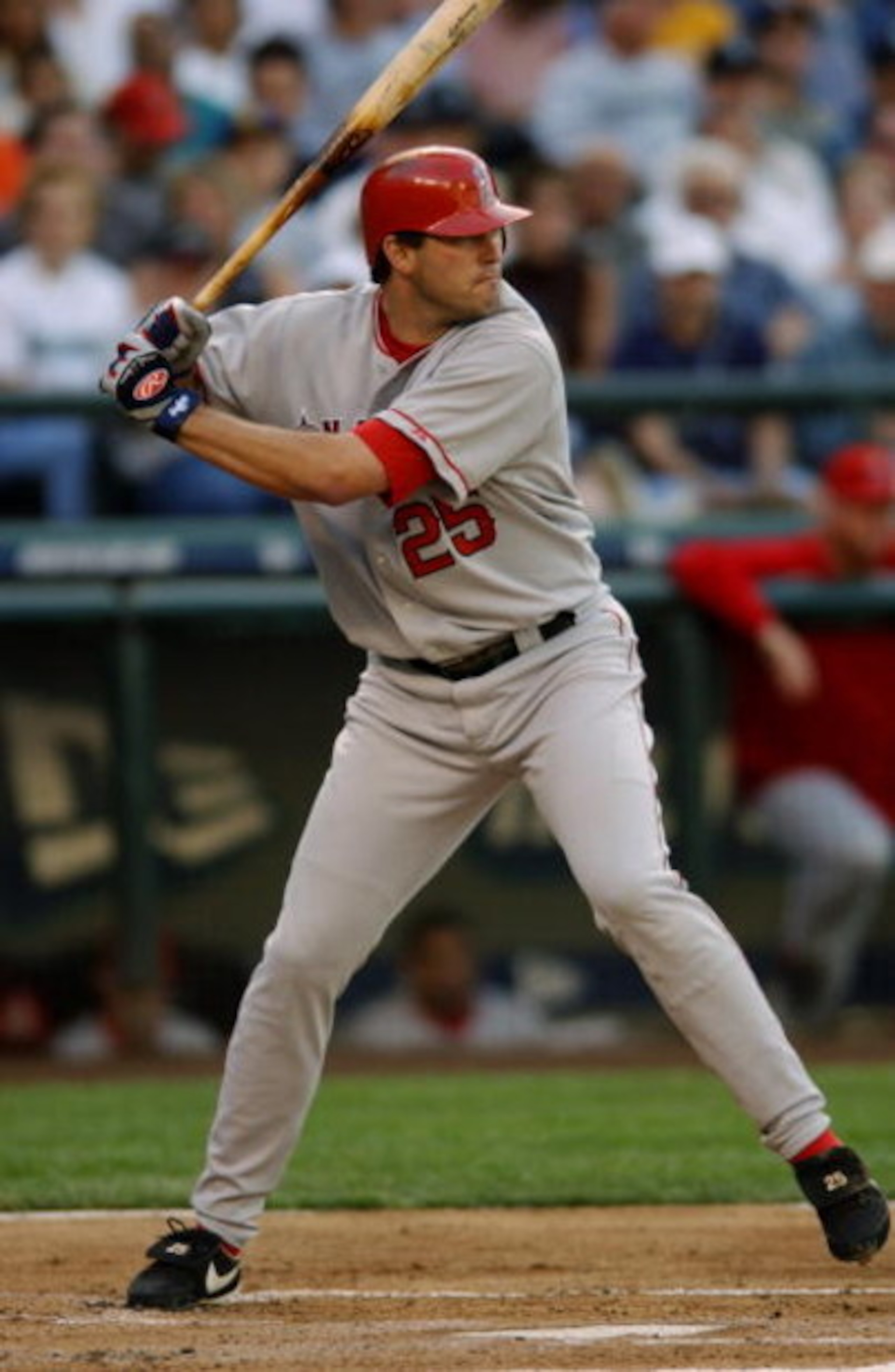 SEATTLE - JUN 16:  Third baseman Troy Glaus #25 of the Anaheim Angels readies for the pitch during the American League game with the Seattle Mariners at Safeco Field on June 16, 2003 in Seattle, Washington.  The Mariners defeated the Angels 6-3. (Photo by