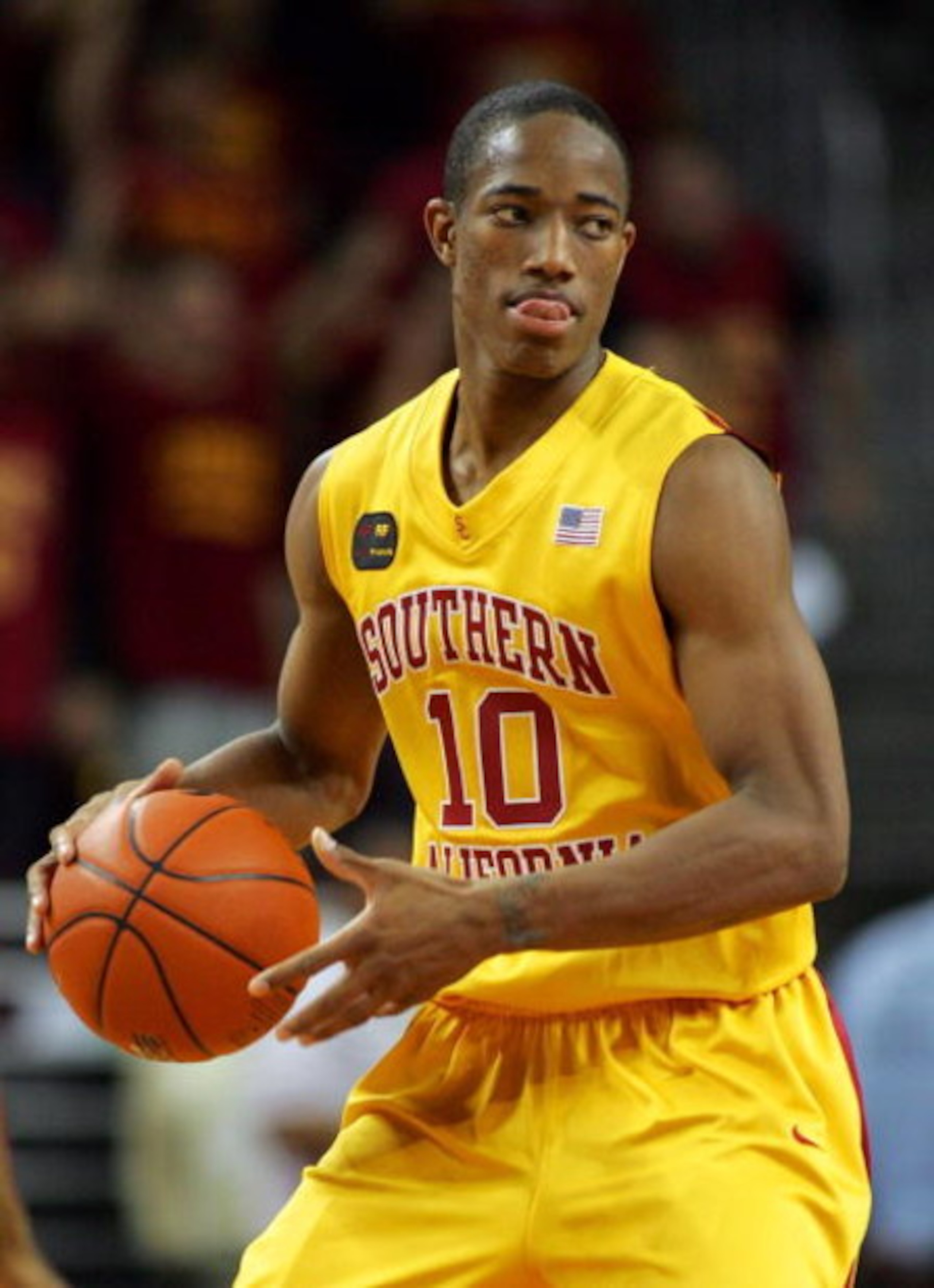 LOS ANGELES, CA - JANUARY 15:  DeMar DeRozan #10 of USC looks to make a pass play in the second half against Arizona State at Galen Center on January 15, 2009 in Los Angeles, California.  The Trojans defeated the Sun Devils 61-49.  (Photo by Victor Decolo