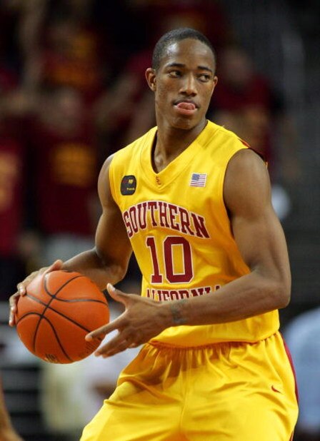 LOS ANGELES, CA - JANUARY 15:  DeMar DeRozan #10 of USC looks to make a pass play in the second half against Arizona State at Galen Center on January 15, 2009 in Los Angeles, California.  The Trojans defeated the Sun Devils 61-49.  (Photo by Victor Decolo