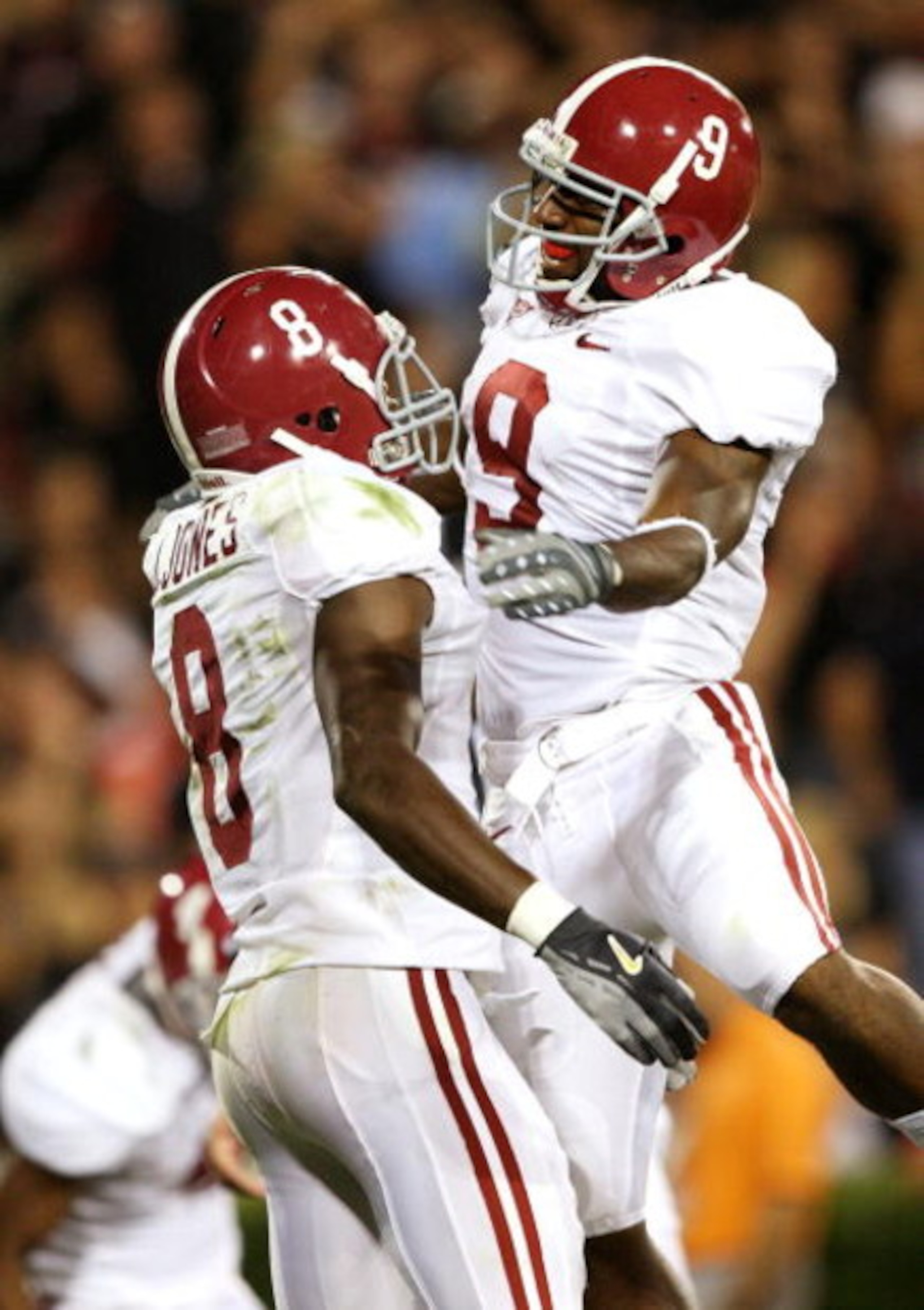 ATHENS, GA - SEPTEMBER 27:  Wide receivers Nikita Stover #9 and Julio Jones #8 of the Alabama Crimson Tide celebrates Jones' touchdown catch in the second quarter against the Georgia Bulldogs at Sanford Stadium on September 27, 2008 in Athens, Georgia.  (