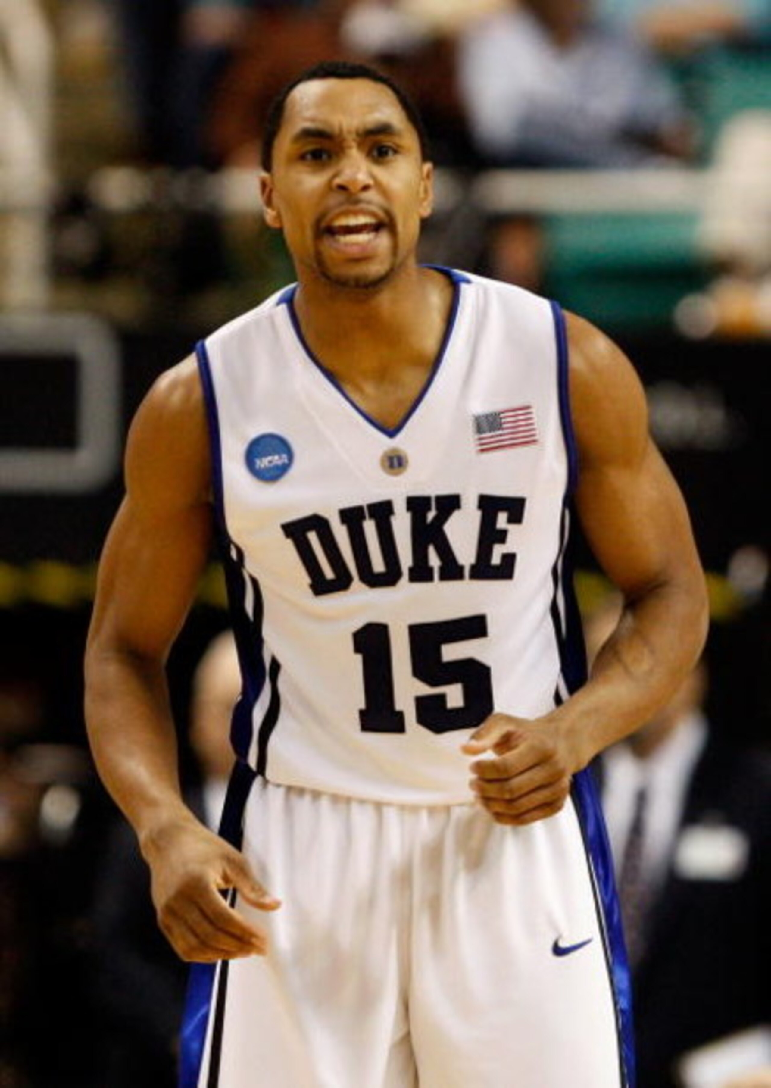 GREENSBORO, NC - MARCH 19:  Gerald Henderson #15 of the Duke Blue Devils cheers on his team against the Binghamton Bearcats during the first round of the NCAA Division I Men's Basketball Tournament at the Greensboro Coliseum on March 19, 2009 in Greensbor