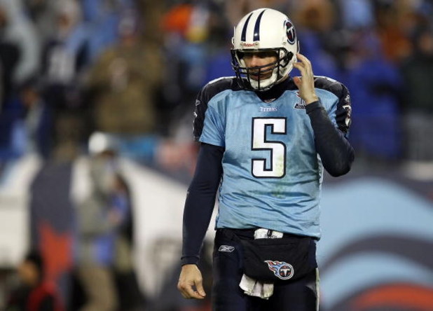 NASHVILLE, TN - JANUARY 10:  Quarterback Kerry Collins #5 of the Tennessee Titans looks on in the second half against the Baltimore Ravens during the AFC Divisional Playoff Game on January 10, 2009 at LP Field in Nashville, Tennessee.  (Photo by Jonathan 