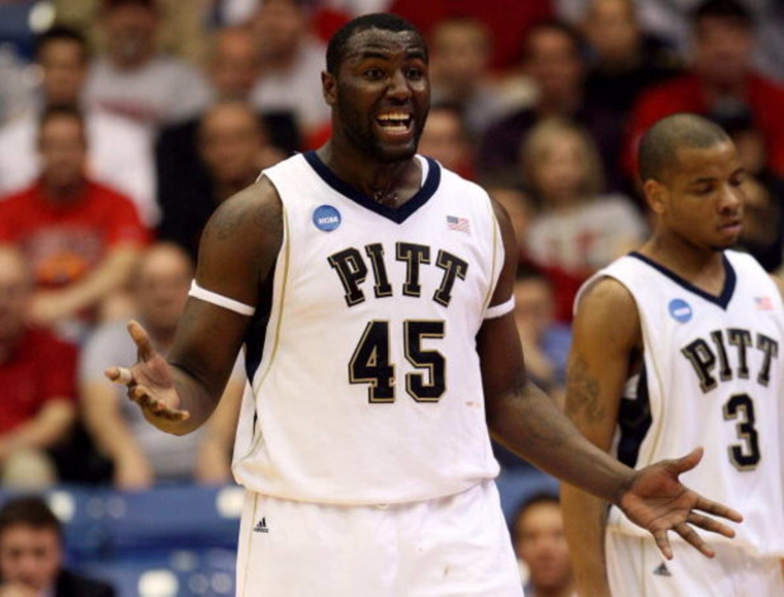 DAYTON, OH - MARCH 22:  DeJuan Blair #45 of the Pittsburgh Panthers reacts between plays against the Oklahoma State Cowboys during the second round of the NCAA Division I Men's Basketball Tournament at the University of Dayton Arena on March 22, 2009 in D