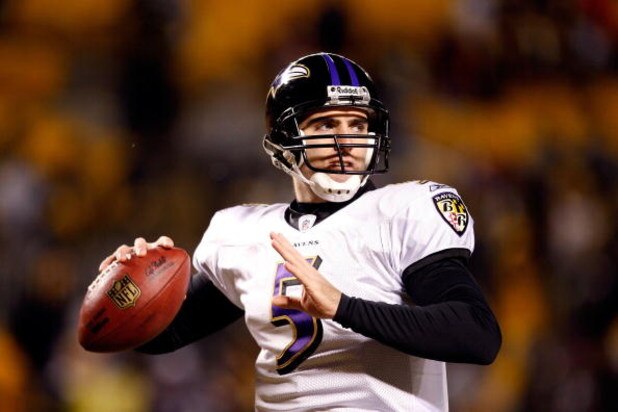 PITTSBURGH - JANUARY 18:  Joe Flacco #5 of the Baltimore Ravens warms up against the Pittsburgh Steelers during the AFC Championship game on January 18, 2009 at Heinz Field in Pittsburgh, Pennsylvania.  (Photo by Streeter Lecka/Getty Images)