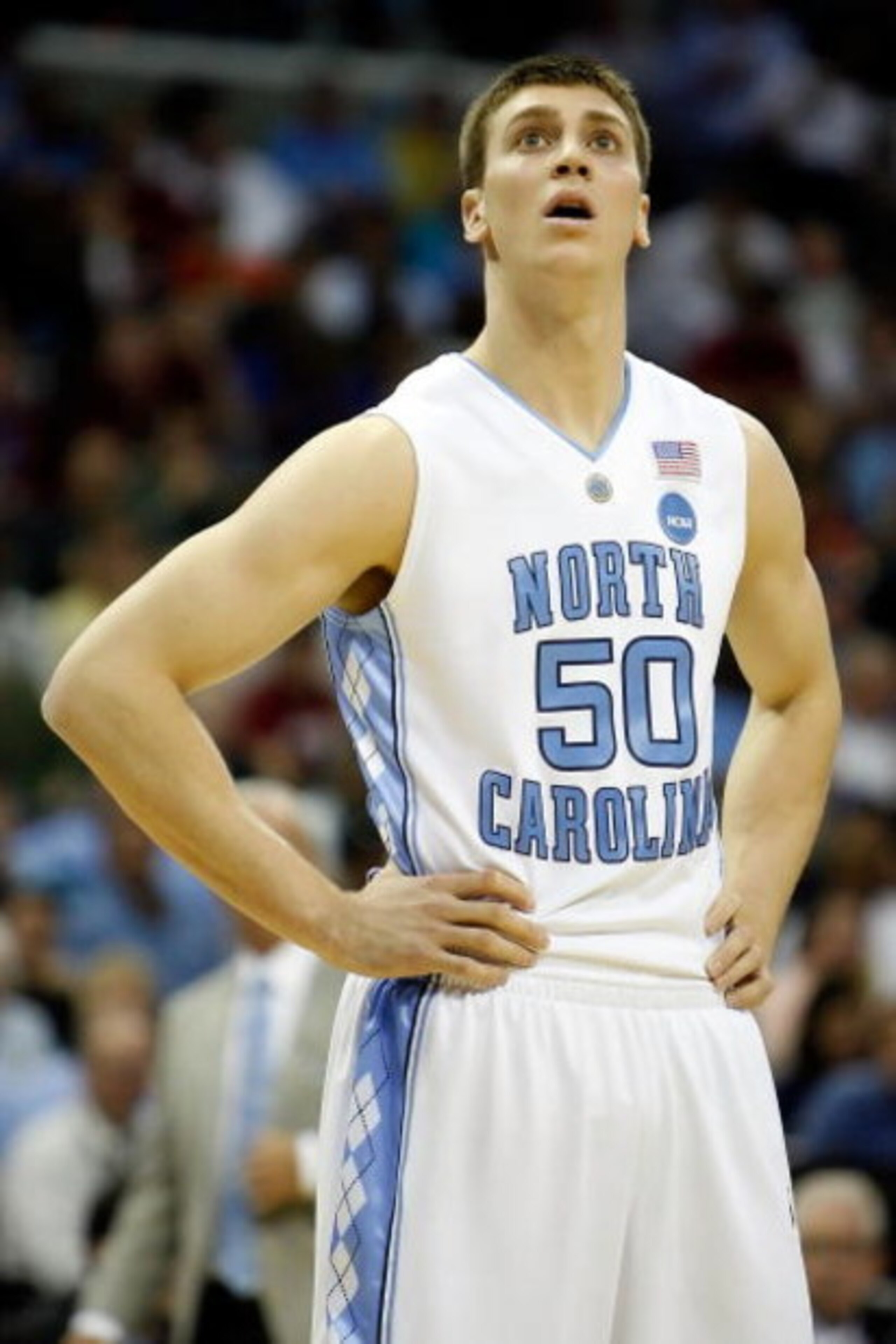 MEMPHIS, TN - MARCH 27:  Tyler Hansbrough #50 of the North Carolina Tar Heels looks on in the first half against the Gonzaga Bulldogs during the NCAA Men's Basketball Tournament South Regionals at the FedExForum on March 27, 2009 in Memphis, Tennessee.  (